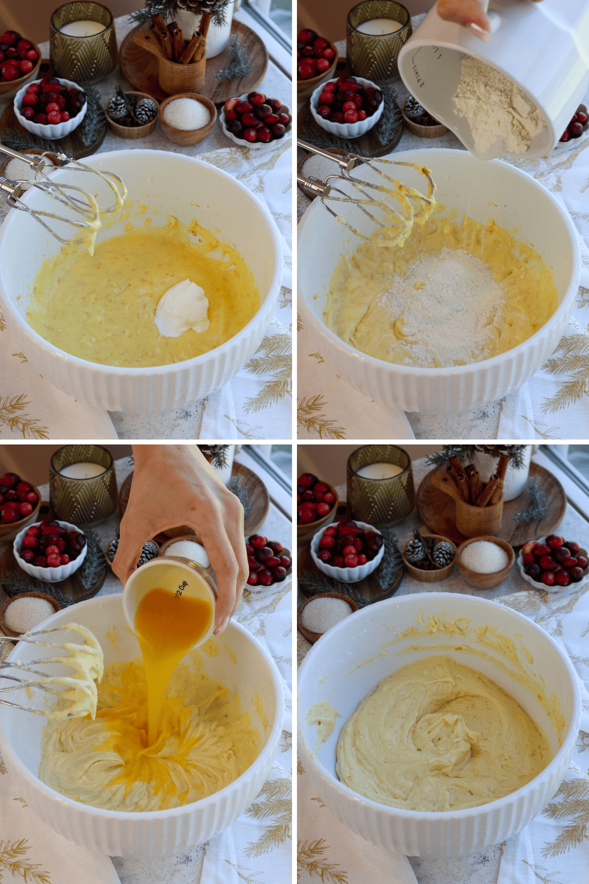 Panel with 4 images: Image one shows a mixing bowl with a dollop of sour cream added to the orange cranberry bread batter for added moisture. Image two captures flour being incorporated into the batter, enhancing its texture. Image three shows fresh orange juice being poured into the mixture, bringing a bright citrus flavor to the recipe. Image four displays the fully mixed batter, smooth and ready for the next step, with festive cranberries, pine cones, and holiday decor visible in the background, setting a cozy baking scene.