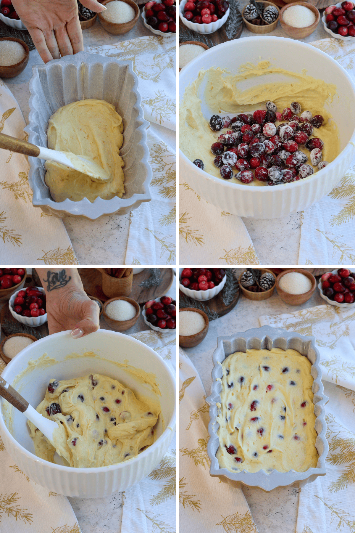 Panel with 4 images: Image one shows a portion of the orange cranberry bread batter being spread into the prepared decorative loaf pan, creating a base layer. Image two captures fresh cranberries being folded into the remaining batter, adding bursts of color. Image three shows a hand holding the bowl as the cranberries are gently mixed into the batter, distributing them evenly. Image four displays the completed batter with cranberries in the loaf pan, ready for baking, set against a festive background of cranberries, sugar, and holiday decor.