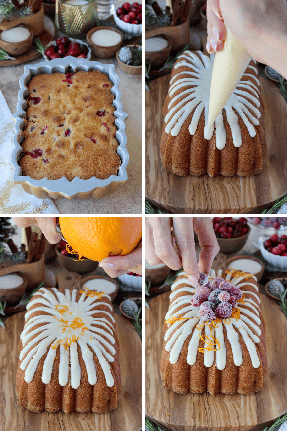 Panel with 4 images: Image one shows the freshly baked orange cranberry bread in a decorative pan, golden brown with cranberries peeking through the surface. Image two captures the bread being decorated with orange cream cheese frosting piped in a beautiful pattern on top. Image three shows fresh orange zest being added to the frosting, enhancing the flavor and presentation. Image four features sugared cranberries being placed on top as the final garnish, creating a festive, elegant touch to the completed holiday bread.