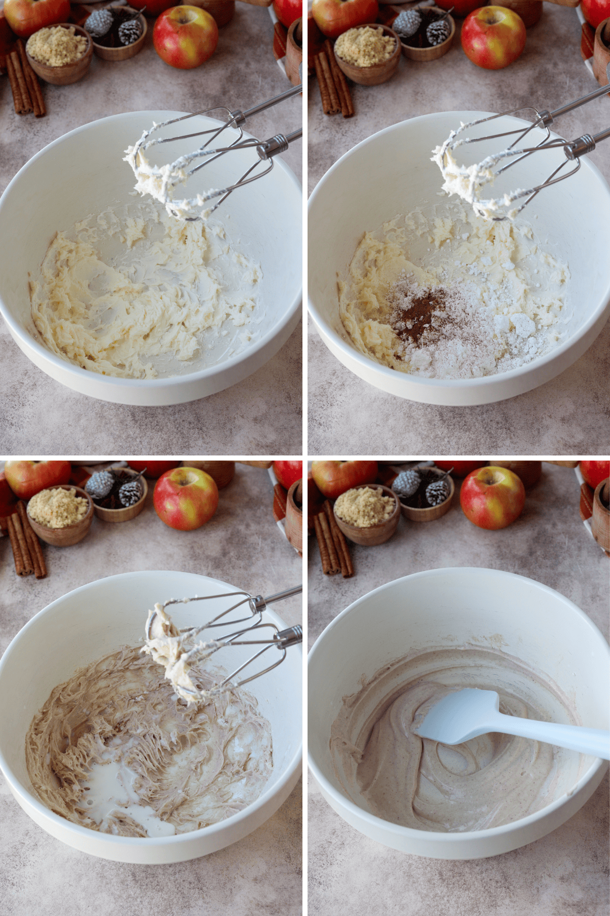 Panel with 4 images showing the process of making the glaze. The first image shows softened butter being creamed in a large white mixing bowl. In the second image, powdered sugar and cinnamon are added to the creamed butter. The third image shows milk being added to the mixture as it begins to come together. The fourth image displays the completed glaze, smooth and ready for drizzling, with a spatula resting in the bowl. Fresh apples, brown sugar, cinnamon sticks, and pine cones in the background create a warm, seasonal ambiance.