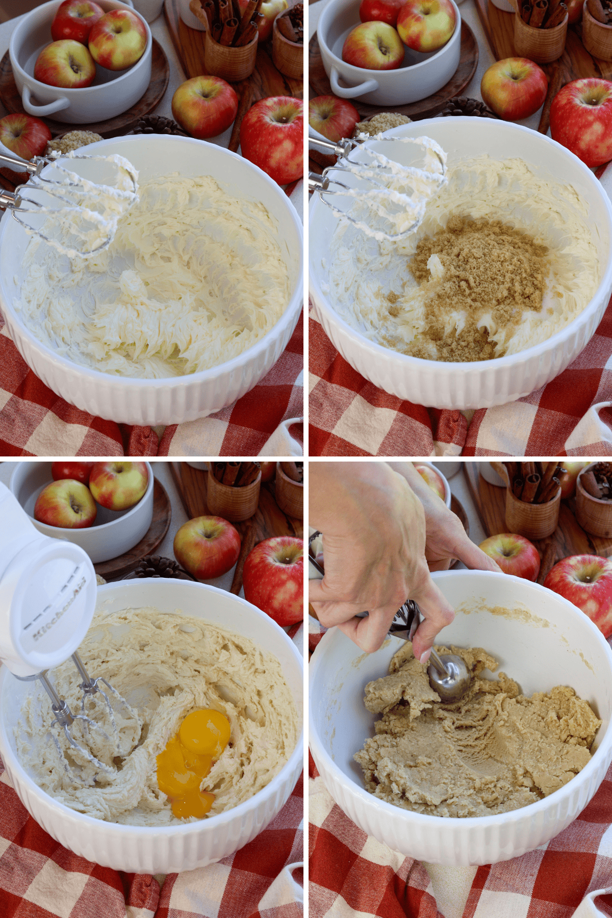 Panel with 4 images, the first image shows softened butter being creamed in a large white mixing bowl. The second image adds brown sugar to the creamed butter. The third image introduces two egg yolks to the batter. The fourth image shows a hand using a cookie scoop to portion the dough. Fresh apples, cinnamon sticks, and wooden bowls are displayed in the background, adding a warm, autumn feel to the scene.