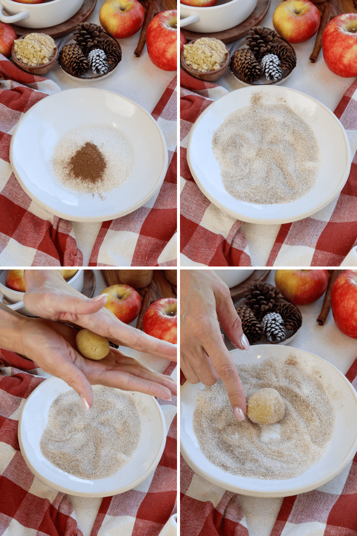 Panel with 4 images, the first image shows a bowl with granulated sugar and cinnamon being added to it. The second image shows the mixture after it has been combined, creating cinnamon sugar. The third image shows hands rolling a piece of dough into a ball. The fourth image shows the dough ball being rolled in the cinnamon sugar mixture, coating it evenly. Fresh apples, pine cones, and cinnamon sticks are displayed in the background, creating a cozy autumn atmosphere.