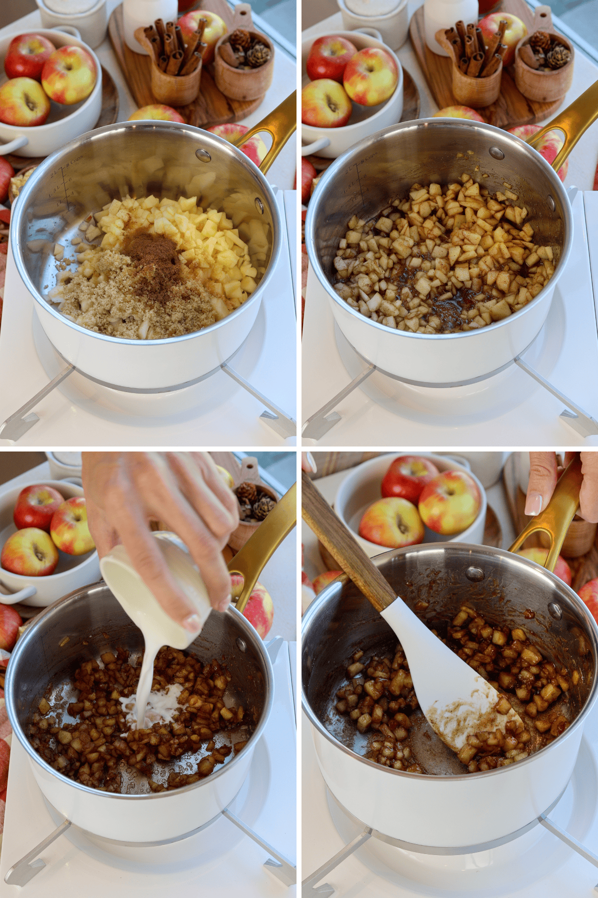 Panel with 4 images, the first image shows chopped apples, brown sugar, and spices in a saucepan, ready to be cooked. The second image shows the apples beginning to soften as they cook down with the sugar and spices. In the third image, a small amount of cream is being poured into the saucepan to create a caramelized sauce with the apples. The fourth image shows the mixture being stirred until it becomes a thick, caramelized apple filling. Fresh apples, cinnamon sticks, and autumn decor are visible in the background, enhancing the cozy, seasonal ambiance.