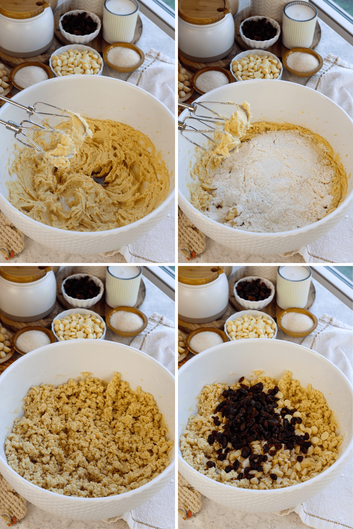 Panel with four images. First image shows a mixing bowl with a creamy batter, now with vanilla extract added, ready to be mixed in. Second image shows flour being added to the batter in the mixing bowl, with an electric mixer resting on the side. Third image displays the mixed batter with a crumbly texture. Fourth image shows white chocolate chips and dried cranberries added on top of the crumbly mixture, ready to be folded in. The background includes various ingredients like white chocolate chips, dried cranberries, sugar, and other baking supplies.