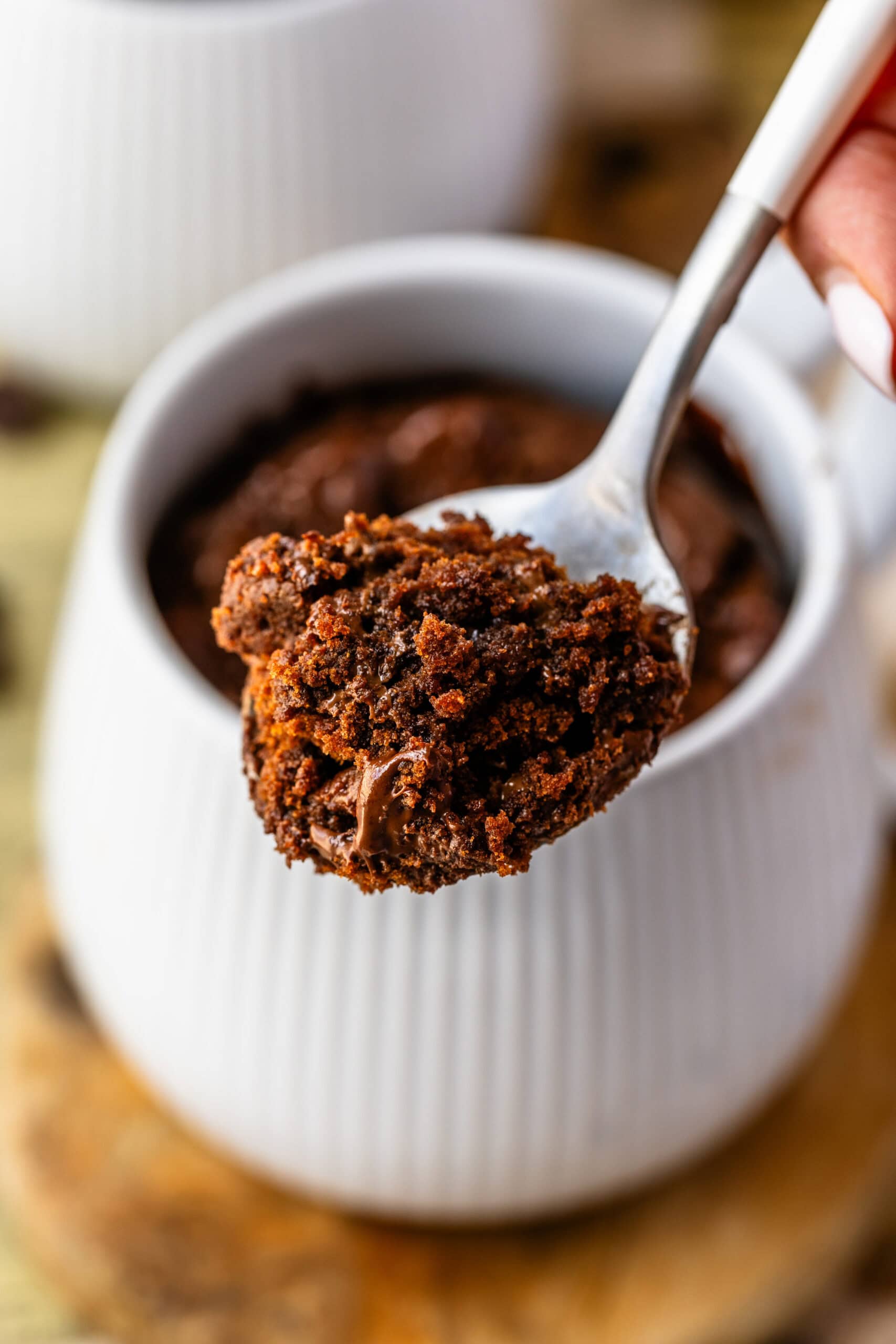 A close-up image of a spoonful of chocolate mug cake topped with melted chocolate chips. The cake has a moist, rich texture with gooey, melted chocolate chips adding extra decadence. The mug from which the cake was scooped is visible in the background, creating a warm and inviting dessert scene. The blurred background enhances focus on the indulgent spoonful, perfect for chocolate lovers.
