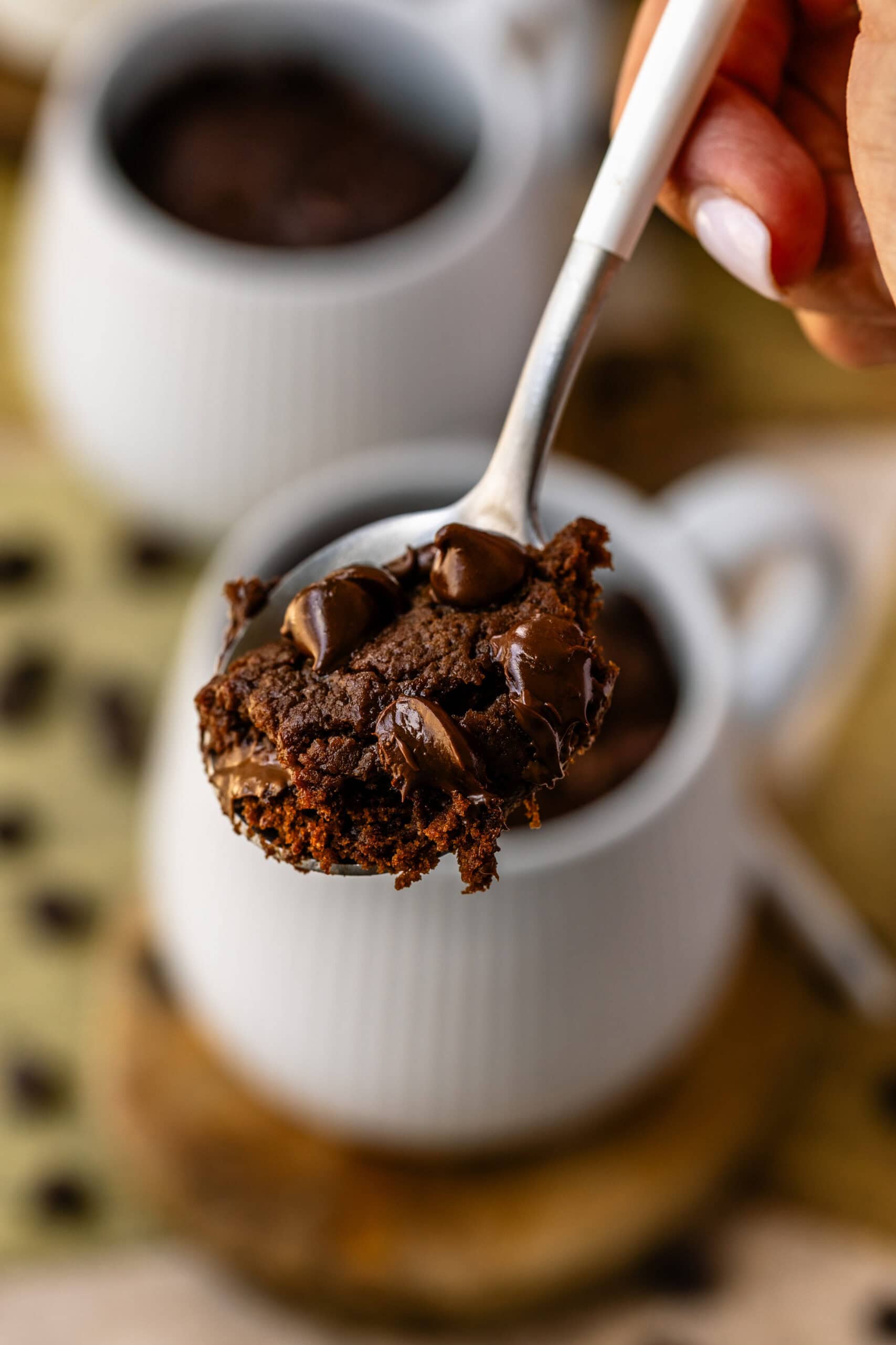 A close-up image of a spoonful of chocolate mug cake topped with melted chocolate chips. The cake has a moist, rich texture with gooey, melted chocolate chips adding extra decadence. The mug from which the cake was scooped is visible in the background, creating a warm and inviting dessert scene. The blurred background enhances focus on the indulgent spoonful, perfect for chocolate lovers.