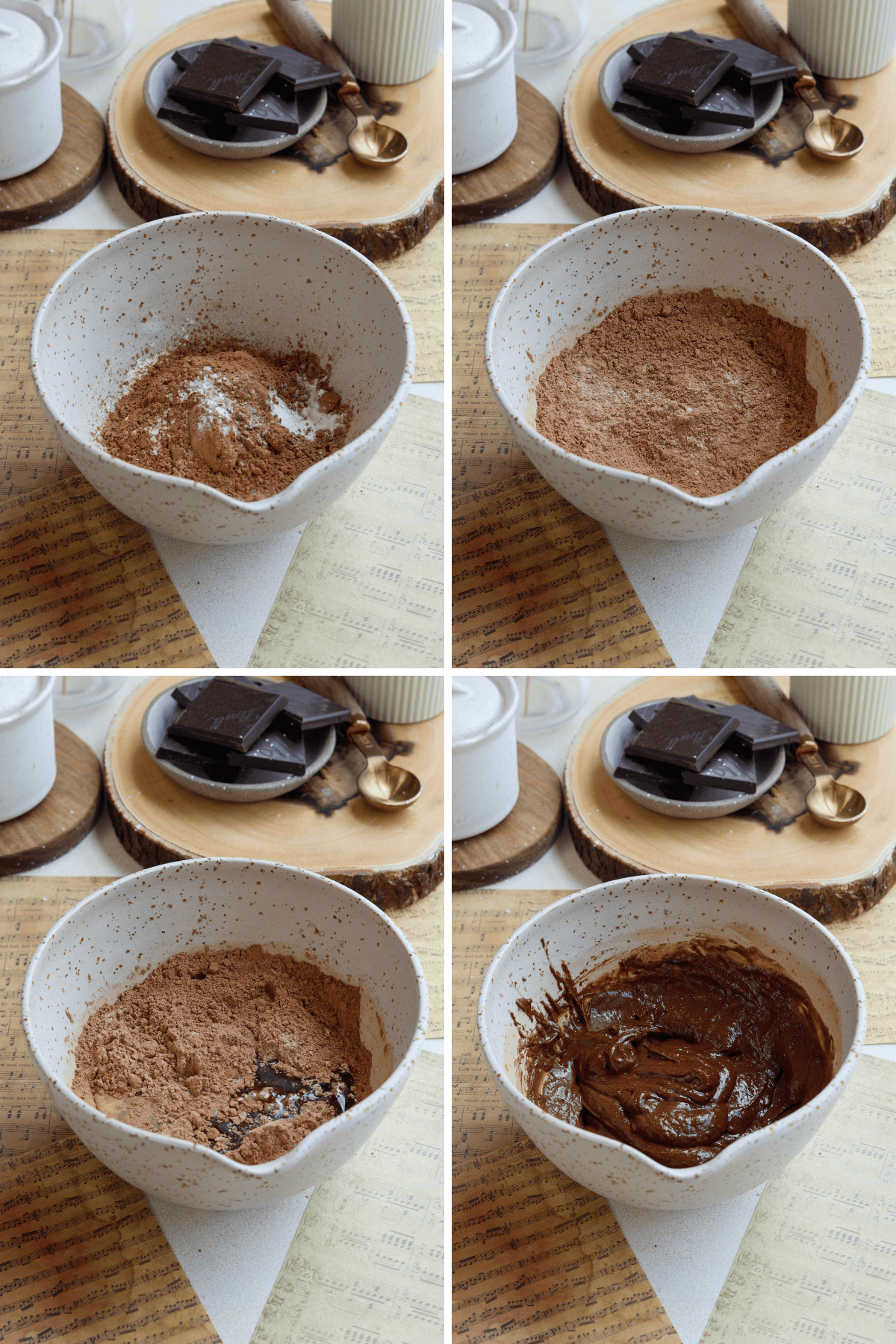 A panel with four images showing the step-by-step process of preparing a chocolate mug cake batter. The first image shows dry ingredients, including cocoa powder and baking soda, added to a mixing bowl. The second image displays the dry ingredients thoroughly combined. The third image shows the addition of liquid ingredients to the dry mix, creating a rich chocolate base. The final image reveals the smooth and glossy chocolate batter, ready to be poured into a mug for baking. In the background, there are chocolate squares, a small golden spoon, and a rustic wooden board for decoration.