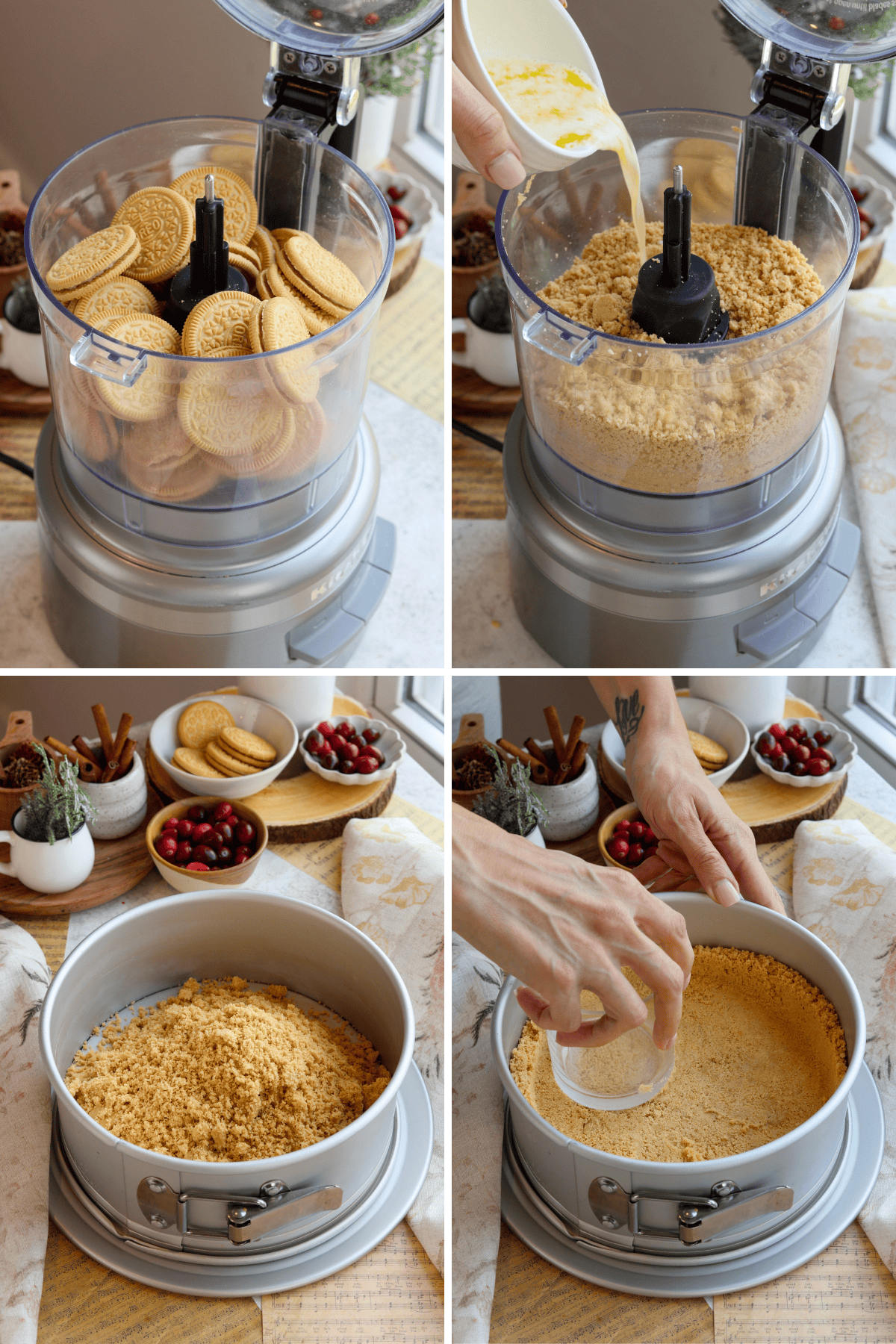 Panel with four images. The first image shows a food processor filled with golden sandwich cookies, ready to be crushed. The second image captures melted butter being poured into the crushed cookies in the food processor to create the crust mixture. The third image shows the crumb mixture transferred to a springform pan. In the fourth image, hands are pressing the crumbs into the pan to form an even crust base for the cheesecake.