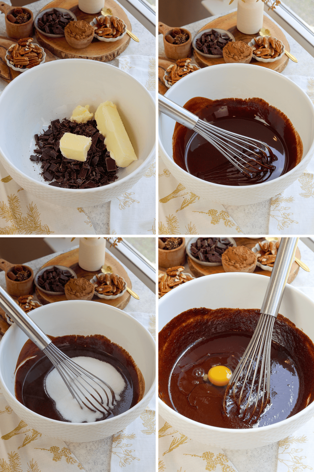 A panel with four images showing the steps in making pecan pie brownies: The first image shows a white mixing bowl filled with chopped chocolate and butter, ready to be melted, with additional ingredients like pecans, cocoa powder, and more chocolate displayed in the background. In the second image, the chocolate and butter have been melted and whisked into a smooth, glossy mixture. The third image shows granulated sugar being added to the chocolate mixture, with a whisk resting on the side of the bowl. The fourth image captures an egg added to the chocolate mixture, ready to be mixed in, with the background displaying ingredients such as chopped pecans and cocoa powder.