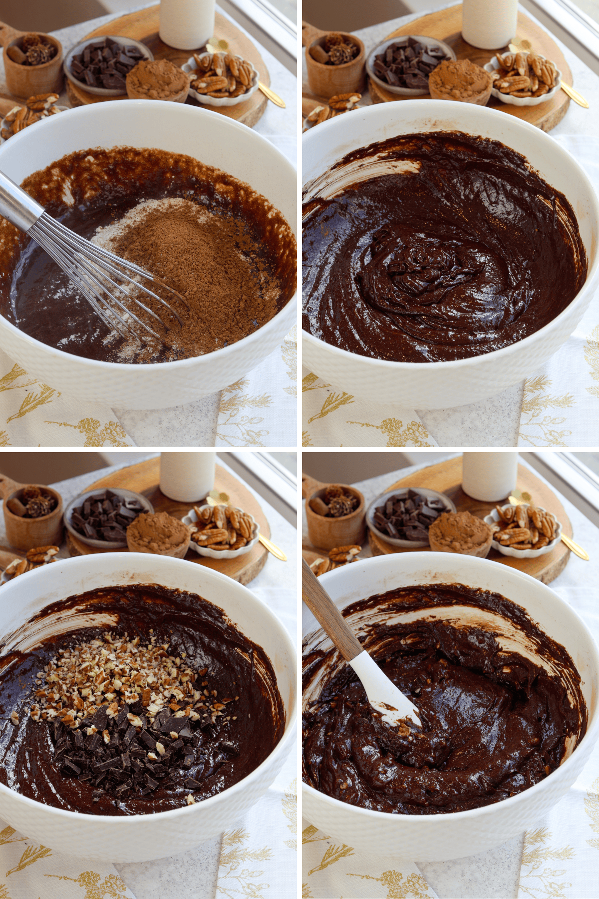 A panel with four images depicting the next steps in making pecan pie brownies: The first image shows cocoa powder being added to the brownie batter, with a whisk resting in the bowl. In the second image, the batter is fully mixed to a rich, chocolatey consistency. The third image shows chopped pecans and chocolate pieces added on top of the batter, ready to be folded in. In the final image, a spatula is used to incorporate the pecans and chocolate chunks, creating a thick and textured brownie mixture.