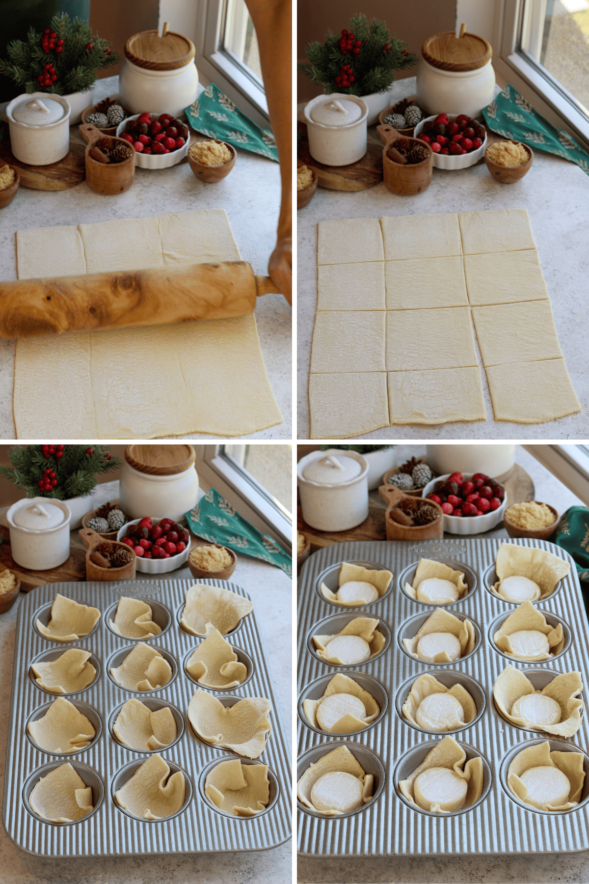 This panel with four images shows the steps for making mini baked brie appetizers. In the first image, a hand rolls out a sheet of puff pastry with a rolling pin on a lightly floured surface. The second image displays the rolled-out pastry cut into even squares. In the third image, squares of pastry are placed into a muffin tin, forming small cups. The fourth image shows rounds of brie placed into each pastry cup, ready for topping and baking. The background includes festive decor and ingredients like cranberries and brown sugar, setting a cozy holiday atmosphere.