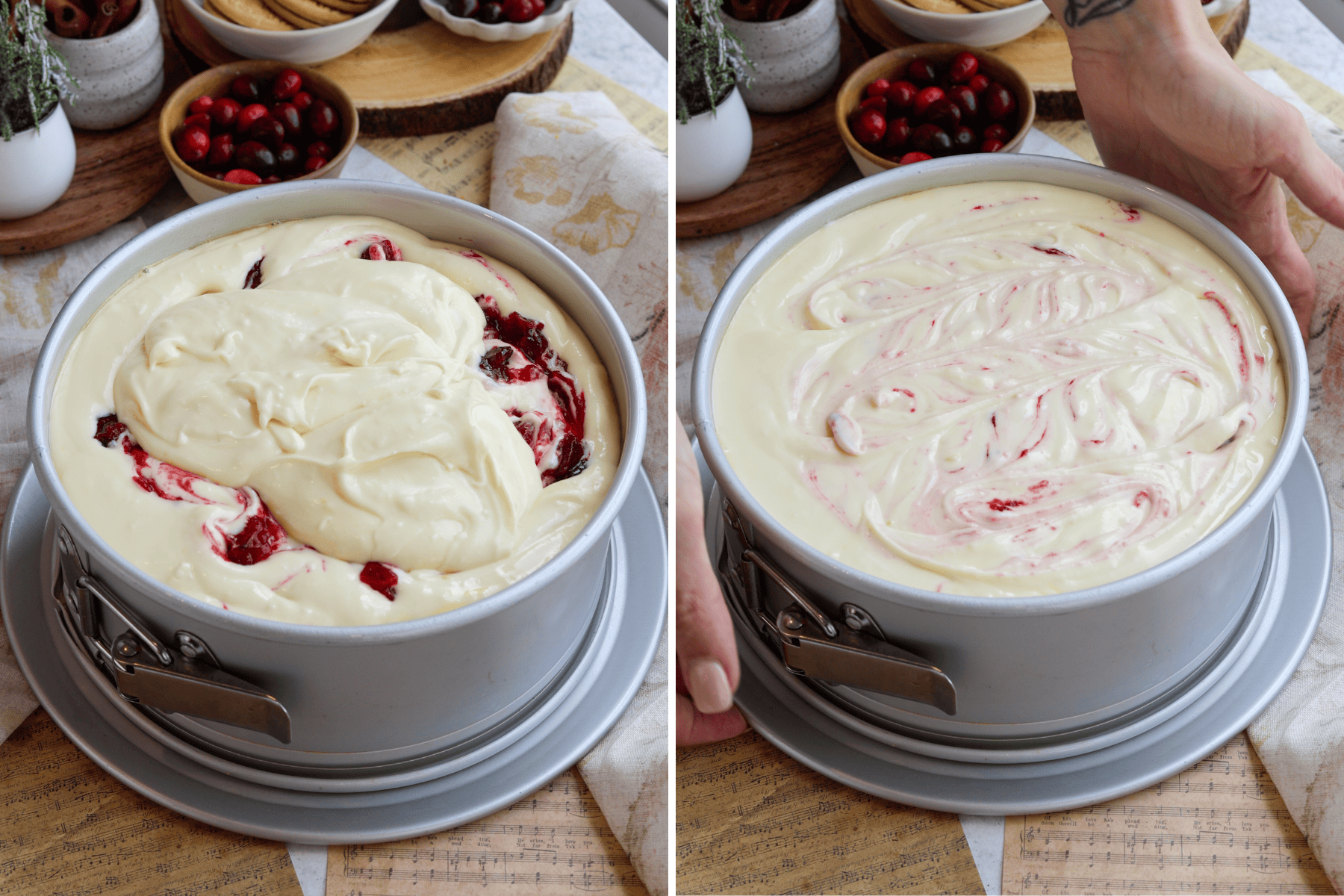 Panel with two images. The first image shows the final layer of cheesecake batter added on top of the cranberry swirl. The second image displays hands gently smoothing the top to create an even layer with a light cranberry swirl pattern.
