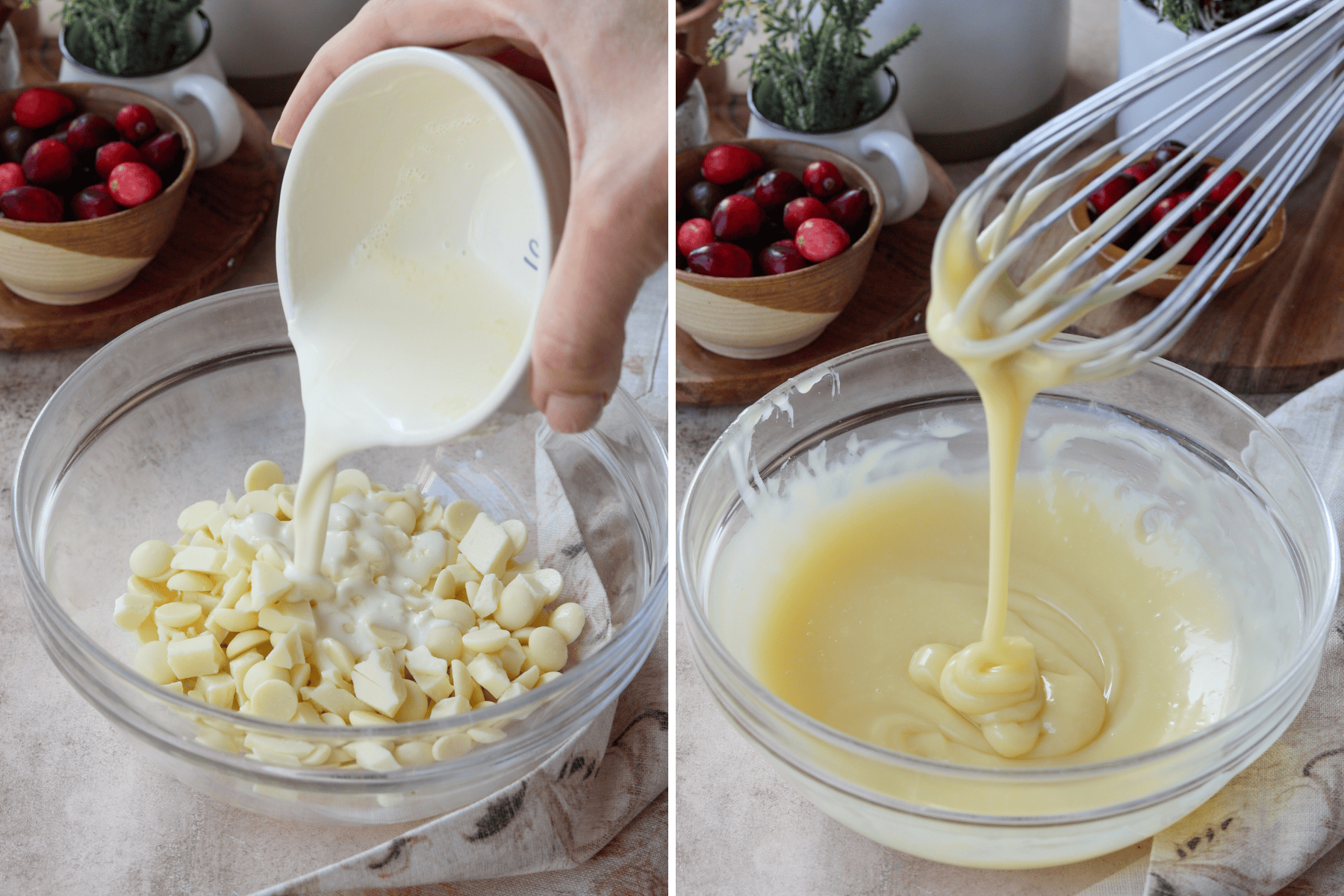 Two-panel image showing the process of making white chocolate ganache. The first panel shows heavy cream being poured over chopped white chocolate in a glass bowl. The second panel displays a whisk lifting the melted and smooth white chocolate ganache, which has reached a creamy, pourable consistency.
