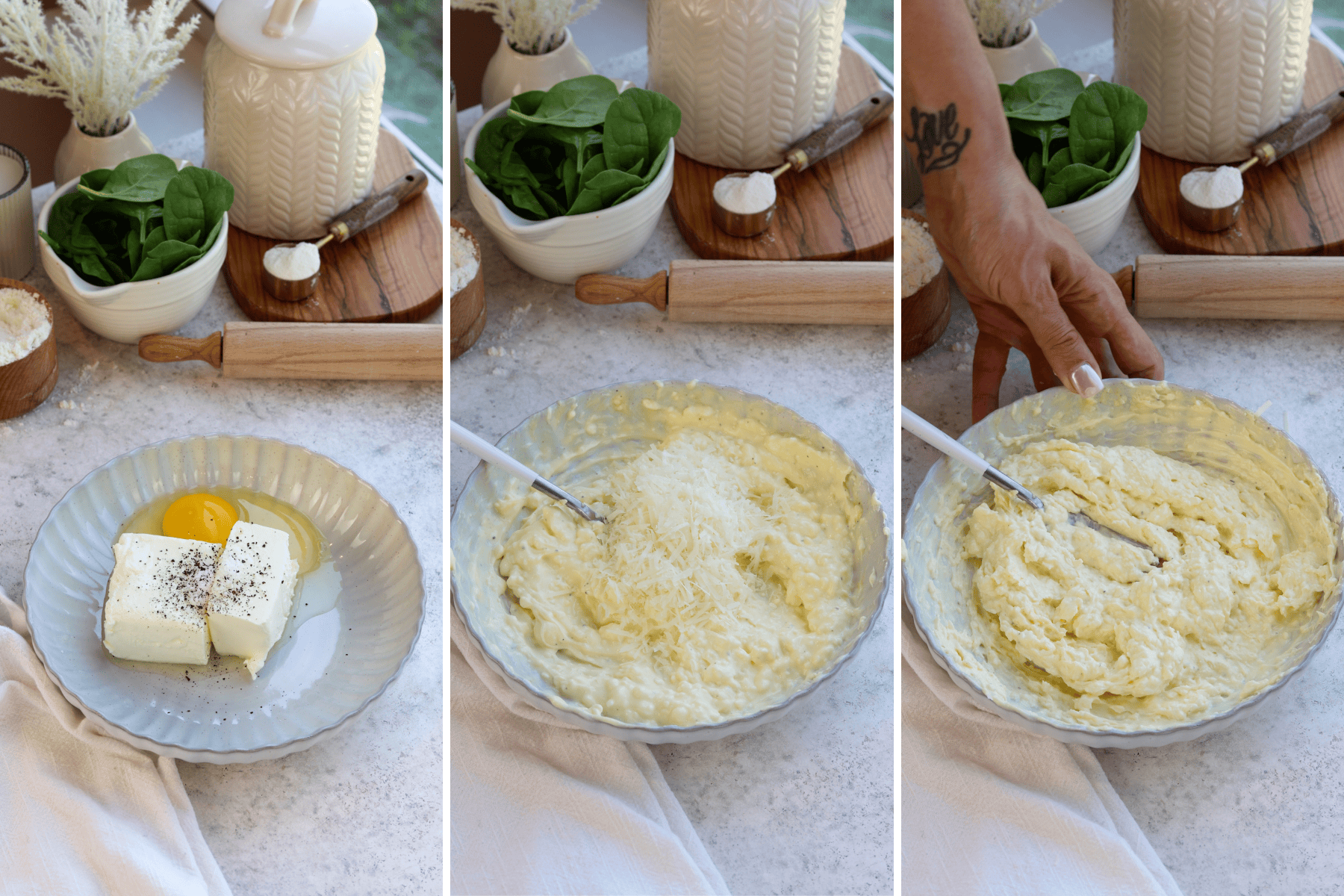 Panel with three images showing steps for making spinach puffs. First image showing a bowl with softened cream cheese, an egg, salt, and pepper ready to be mixed, with ingredients like spinach and flour in the background. Second image showing the cream cheese mixture partially stirred with added shredded parmesan cheese. Third image showing the fully combined cream cheese filling mixture, ready for further assembly in the spinach puff recipe.