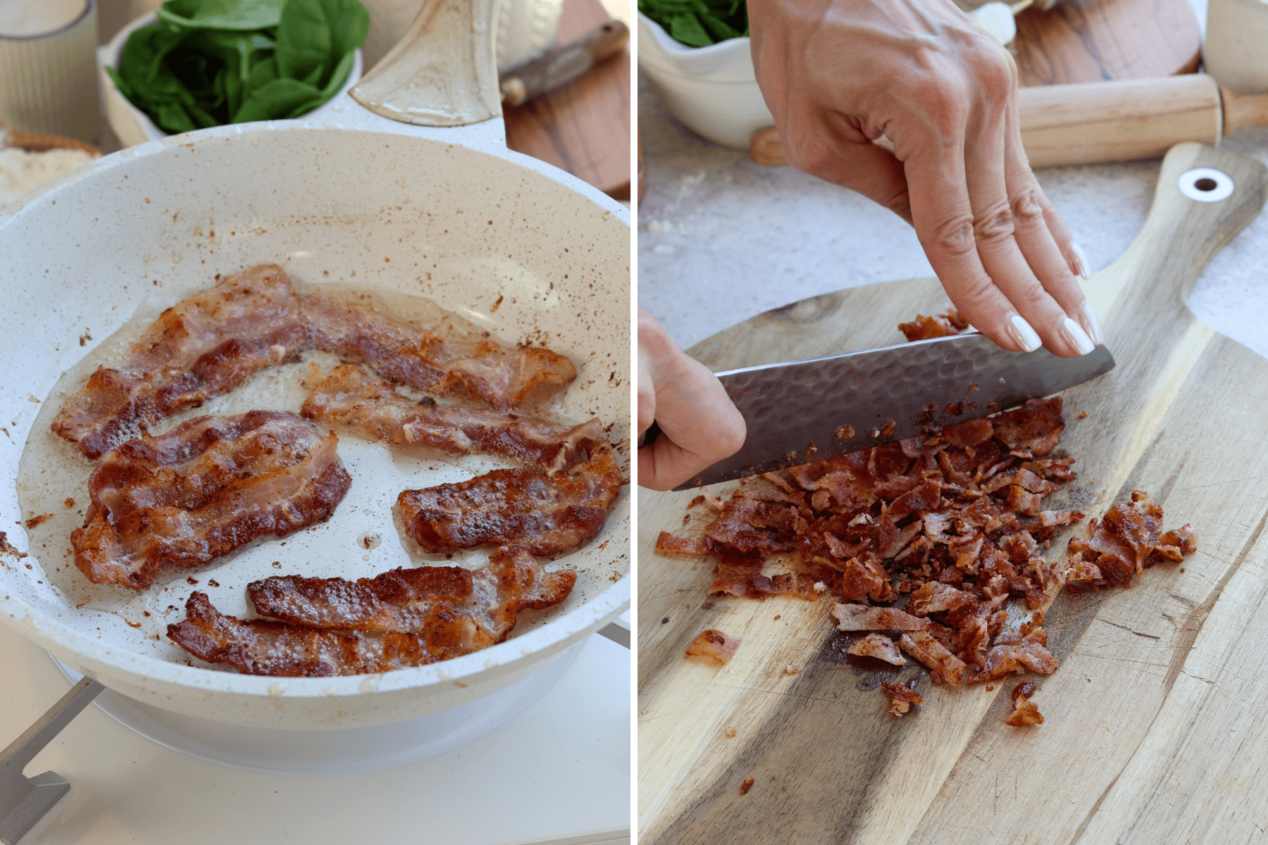 Panel with two images showing steps for preparing bacon for spinach puffs. First image showing bacon slices cooking in a frying pan, sizzling as the fat renders. Second image showing a hand chopping the cooked bacon into small crumbles on a wooden cutting board.