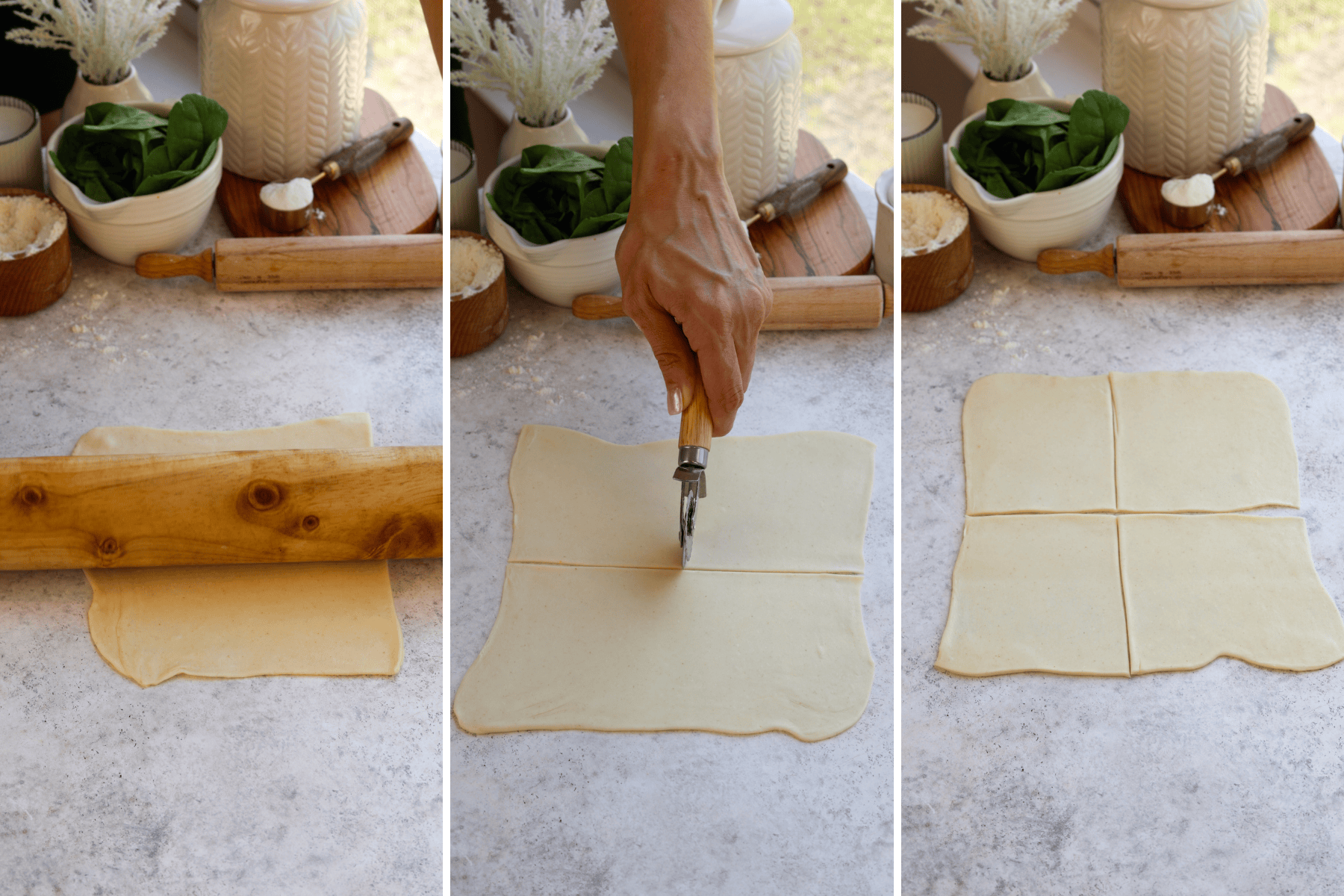 Panel with three images showing steps for preparing puff pastry for spinach puffs. First image showing a rolling pin flattening the puff pastry sheet on a floured surface. Second image showing a hand using a pastry cutter to slice the puff pastry into sections. Third image showing the puff pastry sheet divided into four equal squares, ready for assembly.