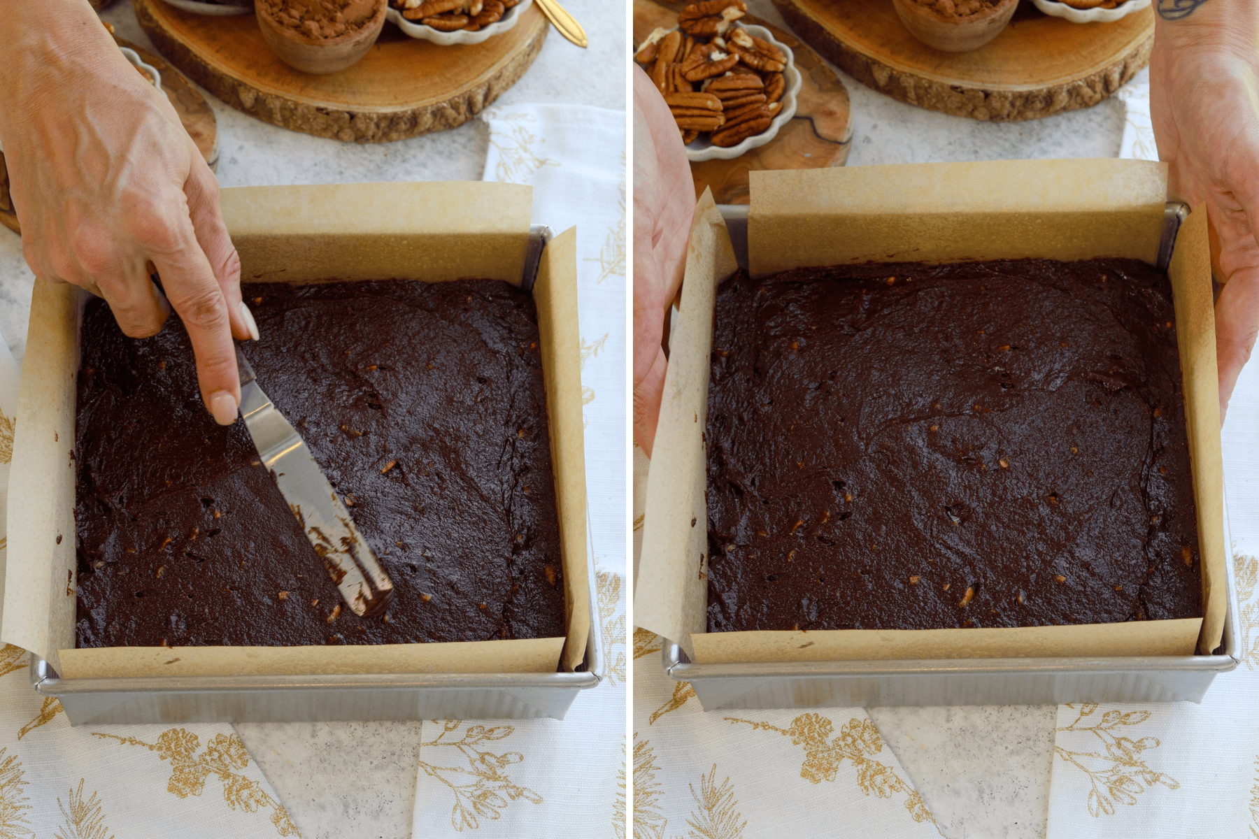 A panel with two images showing the process of preparing the brownie layer for pecan pie brownies: In the first image, a hand is using an offset spatula to spread the brownie batter evenly in a parchment-lined baking pan. In the second image, the batter is smoothed out and ready to be baked, with the parchment paper extending up the sides of the pan for easy removal. The background includes pecans and cocoa powder, enhancing the cozy, homemade feel of the baking process.
