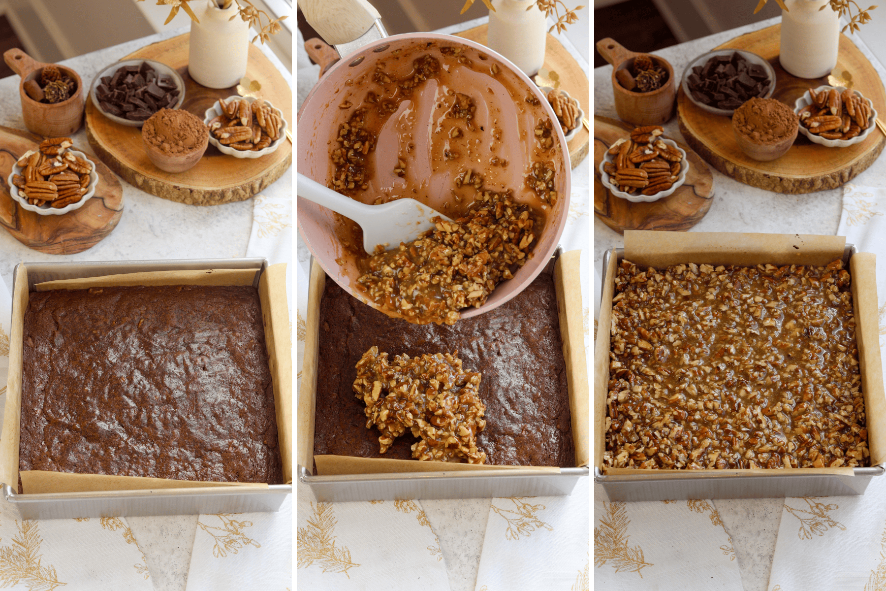A panel with three images showing the final steps of preparing pecan pie brownies: The first image shows the baked brownie layer in a parchment-lined pan, ready for the pecan topping. The second image captures a spatula spreading the gooey pecan caramel mixture onto the brownie base, directly from a pink saucepan. In the third image, the pecan topping has been evenly spread across the brownie layer, creating a smooth, golden layer of caramel and chopped pecans that is ready for the final bake. In the background, ingredients such as cocoa powder, chocolate, and whole pecans are displayed, adding warmth to the scene.