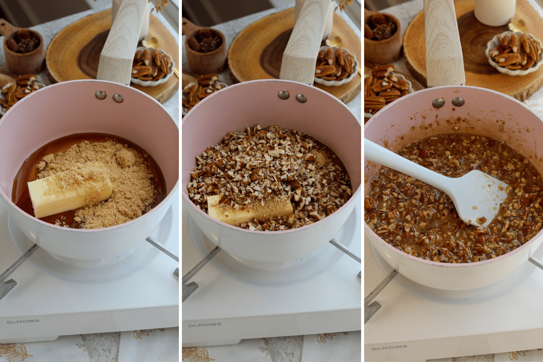 A panel with three images showing the process of making the pecan caramel topping for pecan pie brownies: The first image shows a pink saucepan with butter, brown sugar, and maple syrup, ready to be melted. In the second image, chopped pecans have been added to the saucepan on top of the melting ingredients. The third image shows the mixture being stirred with a white spatula as the ingredients combine, creating a thick, glossy caramel sauce with pecans, ready to be poured over the brownie layer. The background includes ingredients like whole pecans, adding a warm, cozy touch to the scene.
