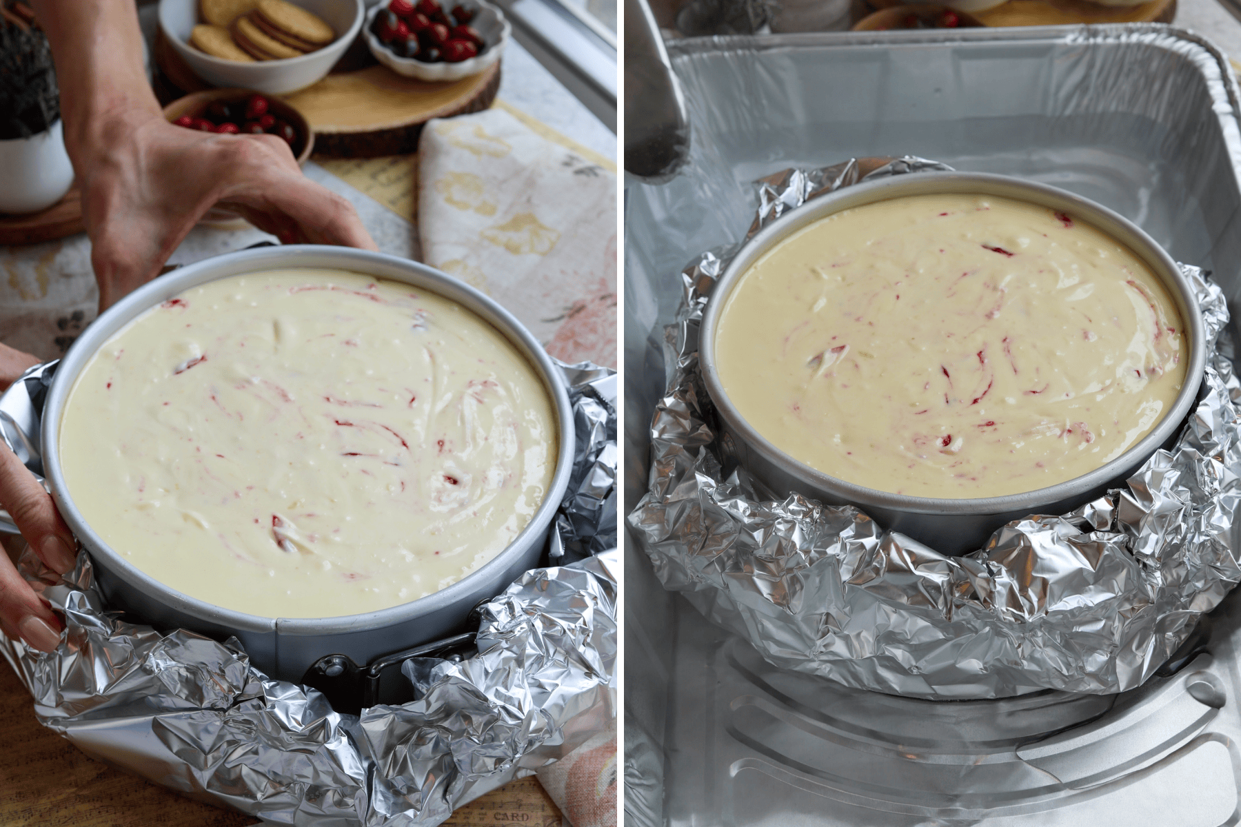 Panel with two images. The first image shows the springform pan wrapped with foil to protect it from water. The second image depicts the foil-wrapped pan placed in a larger baking dish, prepared for a water bath to ensure even baking of the cheesecake.