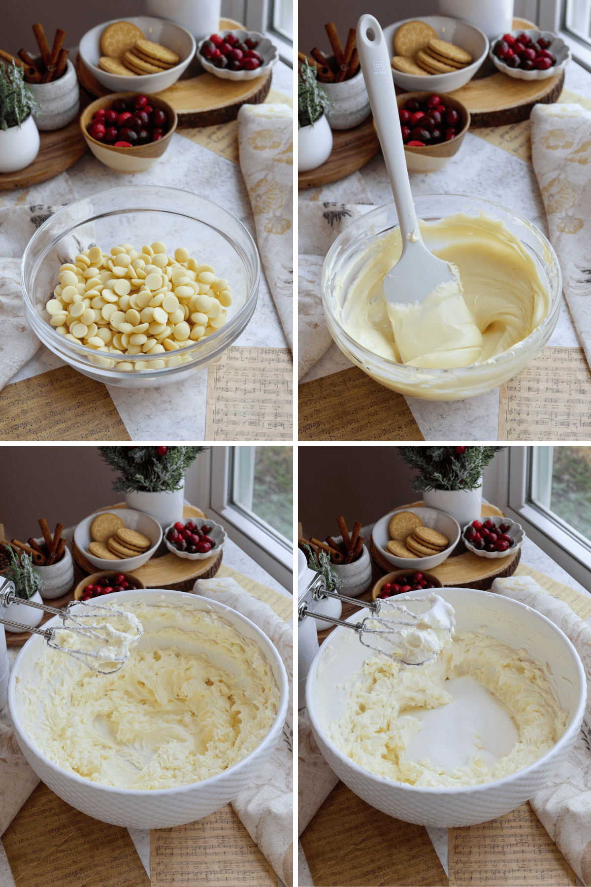 Panel with four images. The first image shows a glass bowl filled with white chocolate chips. The second image displays the melted white chocolate, now smooth and creamy, with a spatula resting in the bowl. The third image shows a mixing bowl with softened cream cheese, which has been whipped to a fluffy consistency with a hand mixer. The fourth image captures sugar being added to the whipped cream cheese mixture, ready to be blended further.
