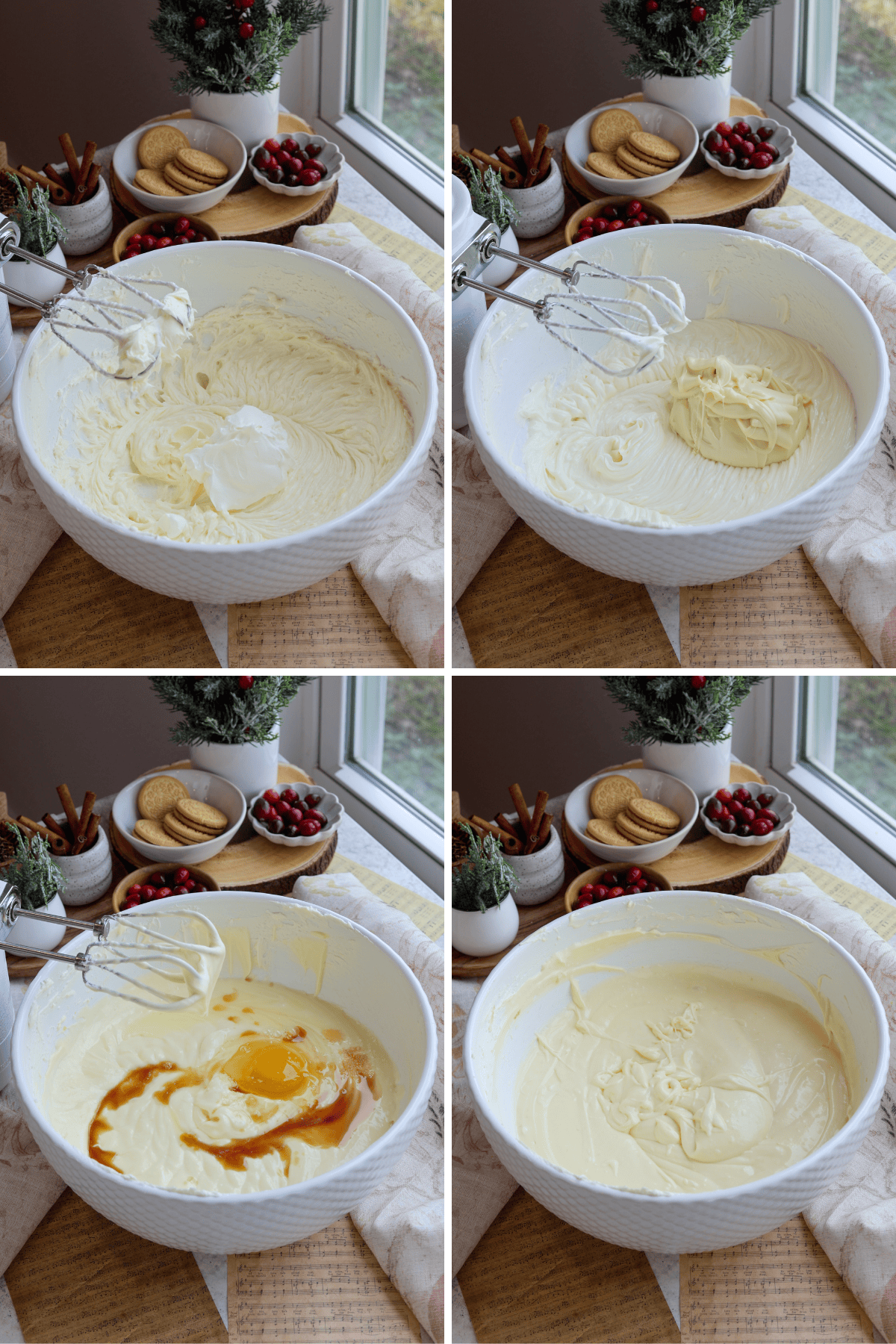 Panel with four images. The first image shows a mixing bowl with softened cream cheese, now blended, as sour cream is added to the mixture. The second image displays the smooth, creamy texture after incorporating the sour cream. The third image shows an egg and vanilla extract added to the batter, ready to be mixed in. The fourth image captures the cheesecake batter fully combined, resulting in a creamy, homogeneous consistency.