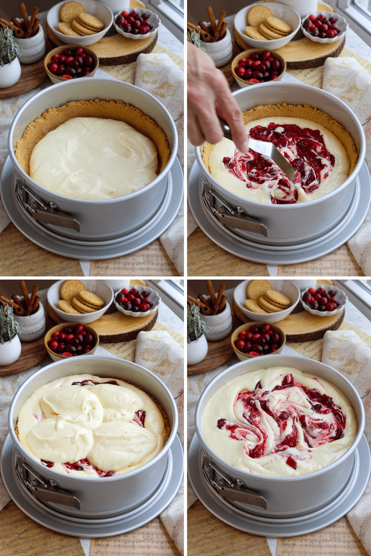 Panel with four images. The first image shows a springform pan with the prepared crust filled with a layer of cheesecake batter. The second image captures a spoon spreading a dollop of cranberry sauce onto the batter, creating a swirled pattern. The third image shows additional cheesecake batter being spooned on top of the cranberry swirls. The fourth image displays the final swirl effect with the cranberry sauce artfully mixed into the cheesecake batter, creating a marbled design ready for baking.