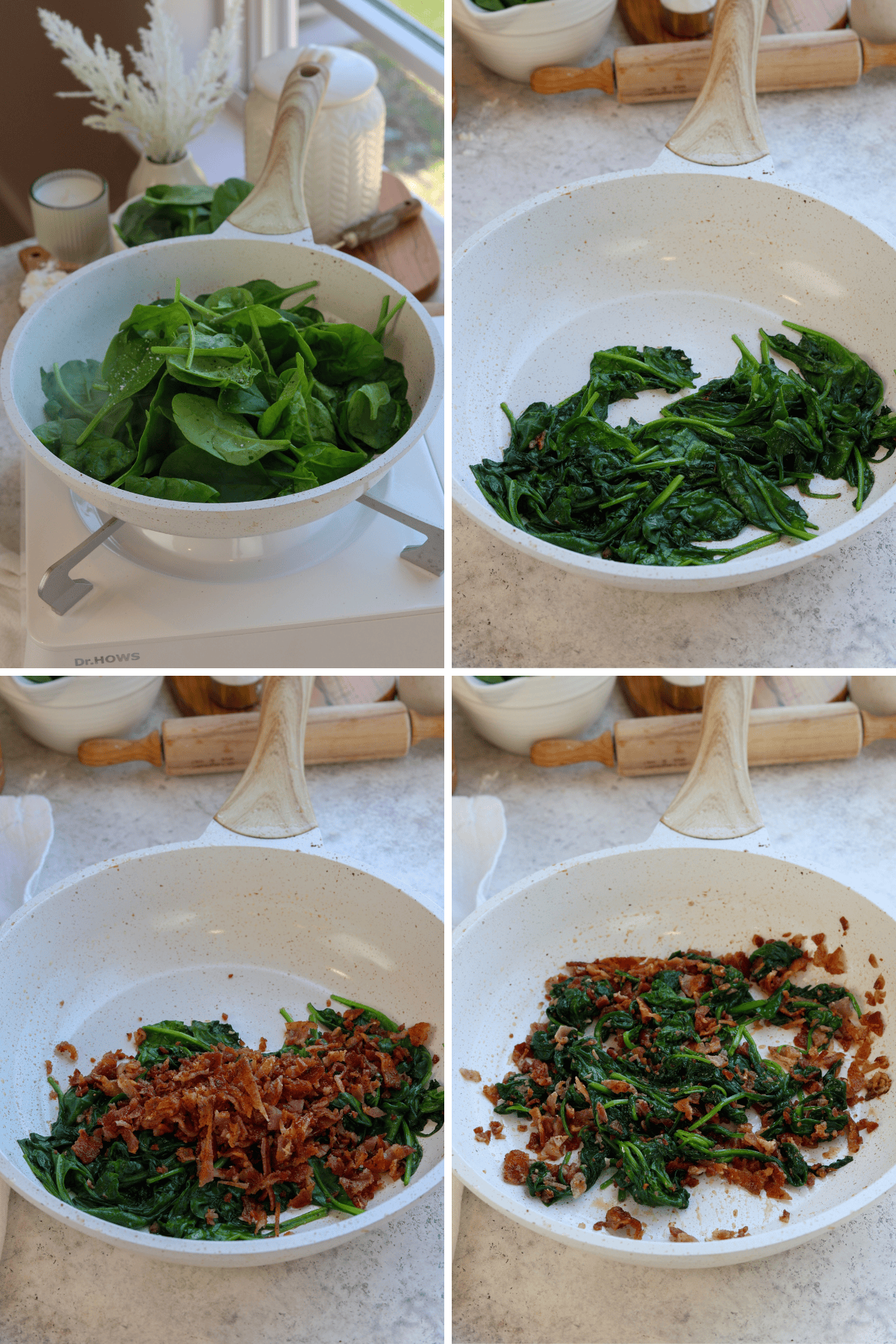 Panel with four images showing steps for cooking spinach and bacon mixture for spinach puffs. First image showing fresh spinach leaves in a frying pan, beginning to cook. Second image showing the spinach wilted down after cooking. Third image showing crumbled bacon added to the cooked spinach in the pan. Fourth image showing the spinach and bacon fully combined and cooked together, ready for assembling the puffs.