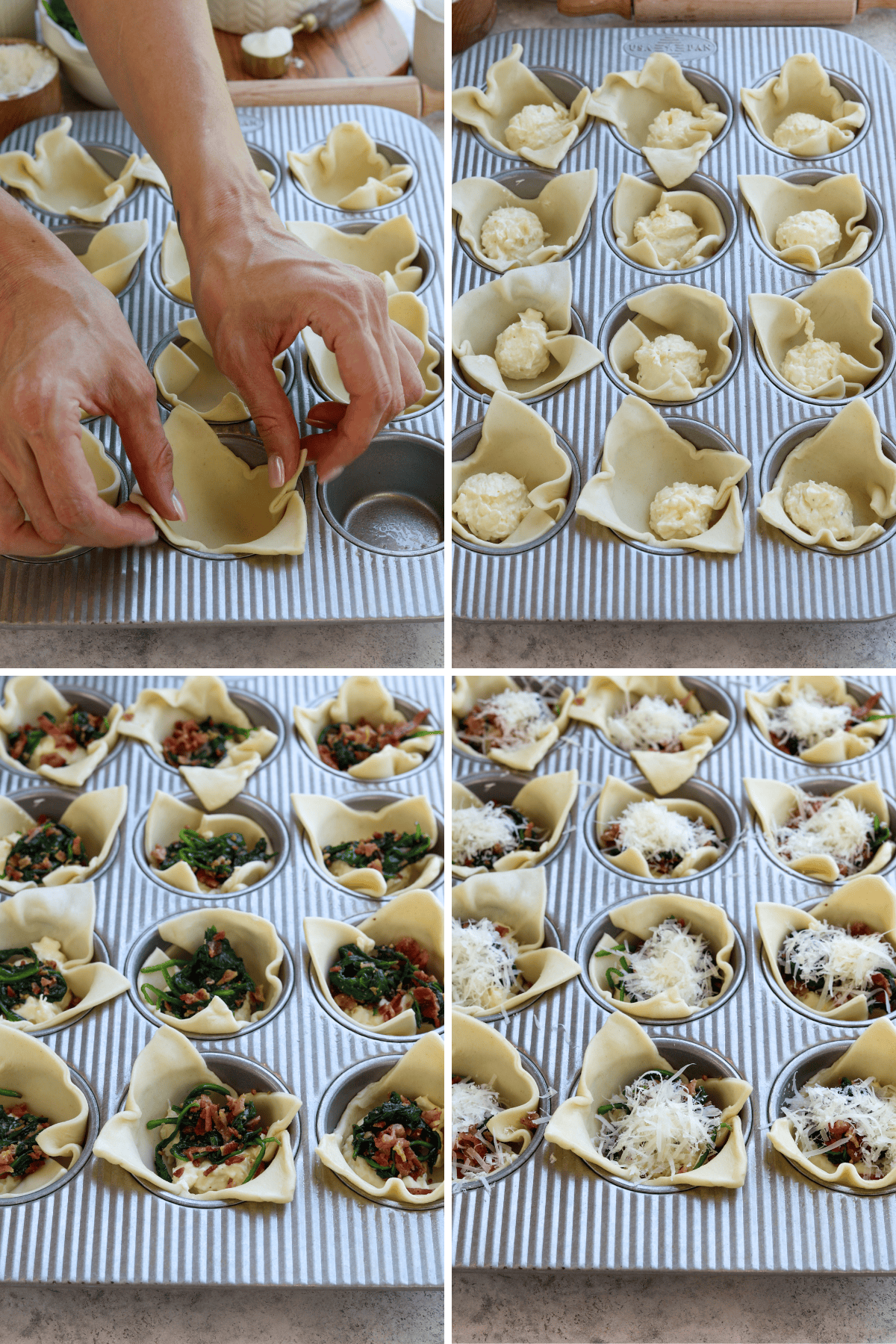 Panel with four images showing steps for assembling spinach puffs in a muffin tin. First image showing hands placing squares of puff pastry into the cavities of a muffin tin, with the edges overhanging. Second image showing dollops of cream cheese filling added to the center of each puff pastry. Third image showing the addition of the spinach and bacon mixture on top of the cream cheese filling in each cup. Fourth image showing each cup topped with shredded parmesan cheese, ready for baking.