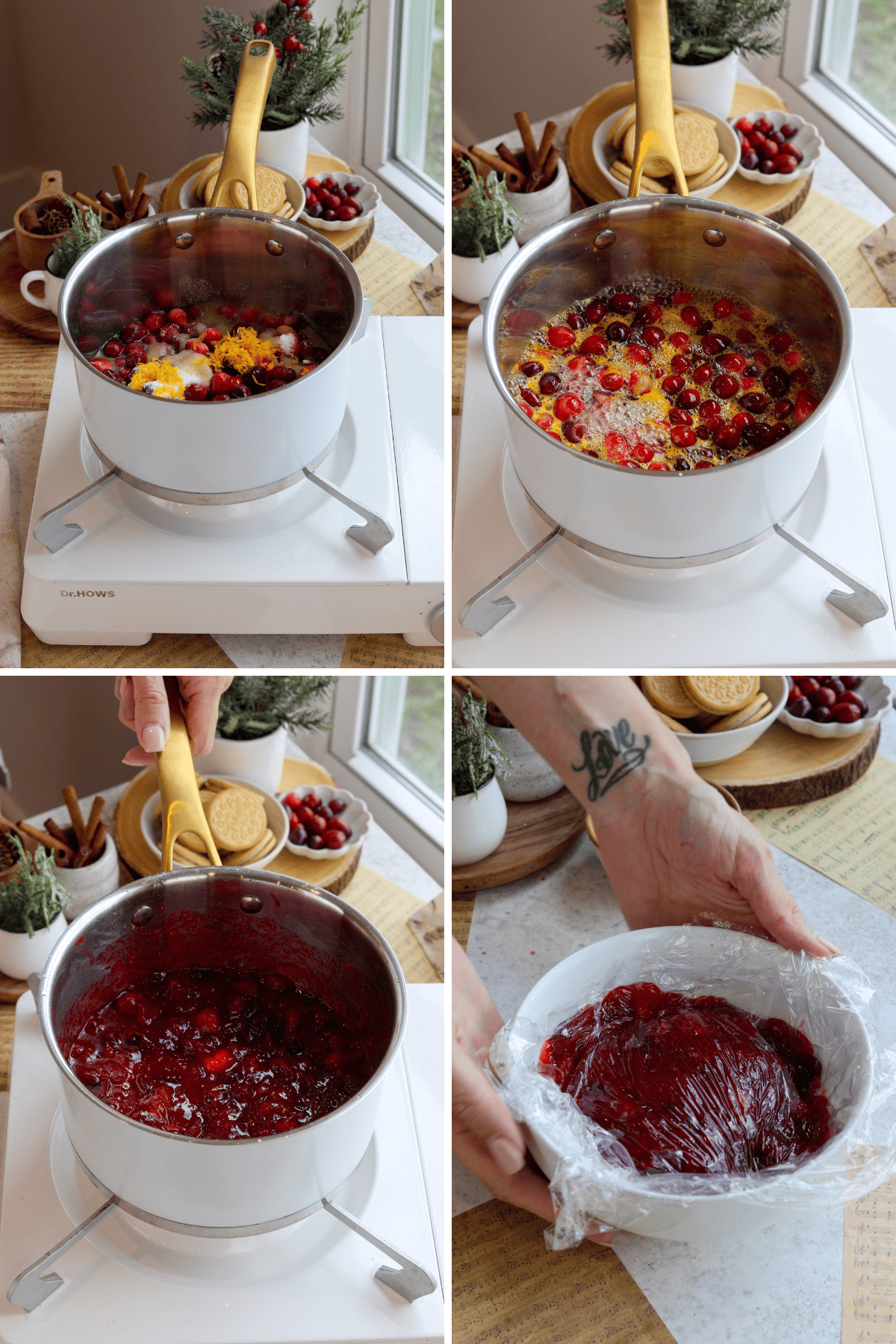 el with four images. The first image shows cranberries, orange zest, and sugar in a saucepan on a white stovetop, ready to cook. The second image displays the mixture beginning to simmer, with cranberries releasing juices and becoming tender. The third image shows the cranberries thickened into a sauce with a rich, deep red color. The final image depicts hands placing plastic wrap over a bowl filled with the cranberry sauce, ensuring itโs ready to set and cool.