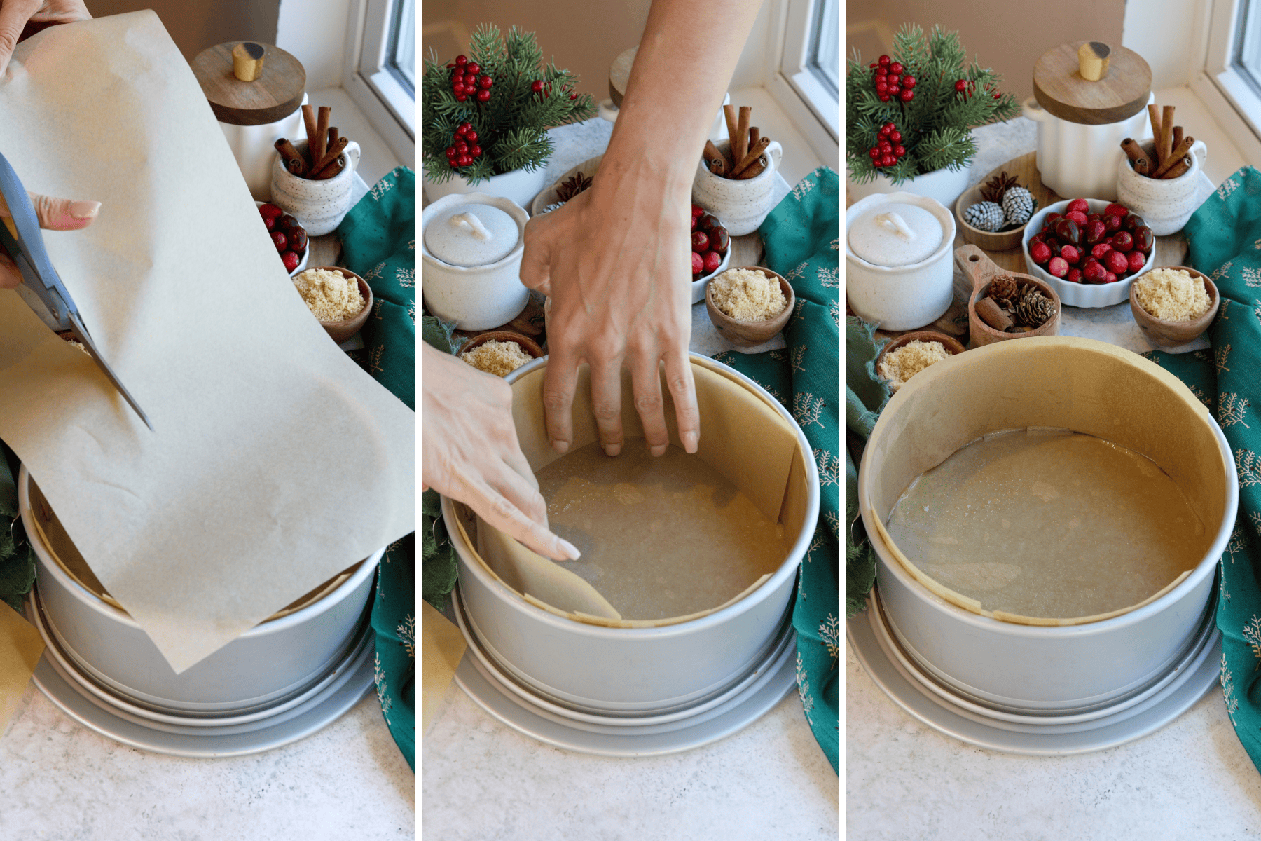 Panel with three images, showing steps to line a springform pan for cranberry coffee cake. The first image shows hands cutting a long strip of parchment paper. The second image displays the strip being placed along the inner side of the pan, pressing it against the edges. The third image shows the pan fully lined with parchment paper, ready for baking, with holiday-themed ingredients like cranberries, brown sugar, and cinnamon sticks arranged around it in the background.