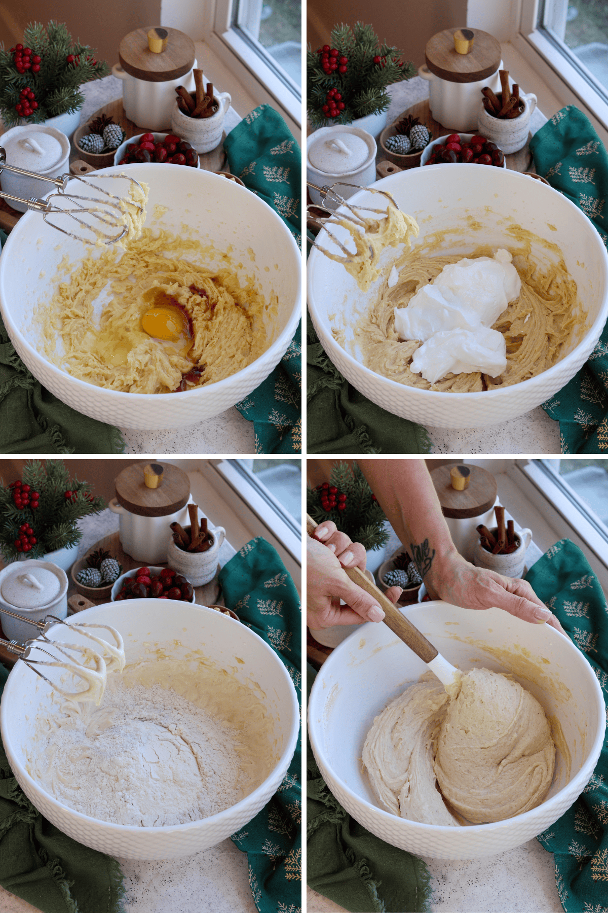 Four-step process of making cranberry coffee cake batter. The first image shows an egg and vanilla being added to a partially mixed batter in a large white bowl. The second image shows whipped egg whites added to the batter. The third image displays flour being incorporated into the mixture. The final image shows a hand folding the batter until smooth. The bowl sits on a light surface with a green holiday-themed napkin, and festive decor, including cranberries and cinnamon sticks, is visible in the background.
