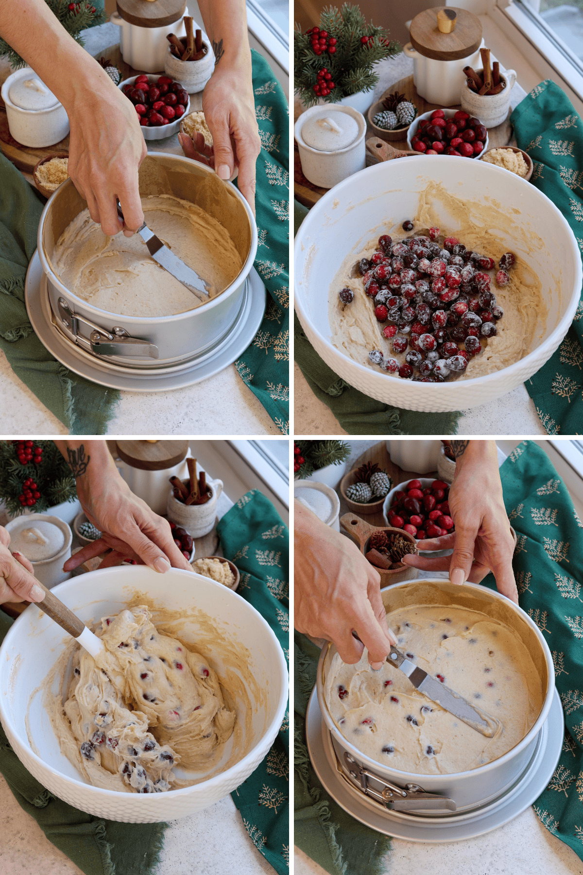 Four-step process of assembling cranberry coffee cake in a springform pan. The first image shows a layer of plain batter being spread at the bottom of the pan. The second image shows flour-coated cranberries added to the remaining batter in a large white mixing bowl. The third image captures the cranberries being folded into the batter. In the final image, the cranberry-filled batter is being spread evenly over the base layer in the springform pan. The setup includes festive decor and a green holiday-themed napkin.