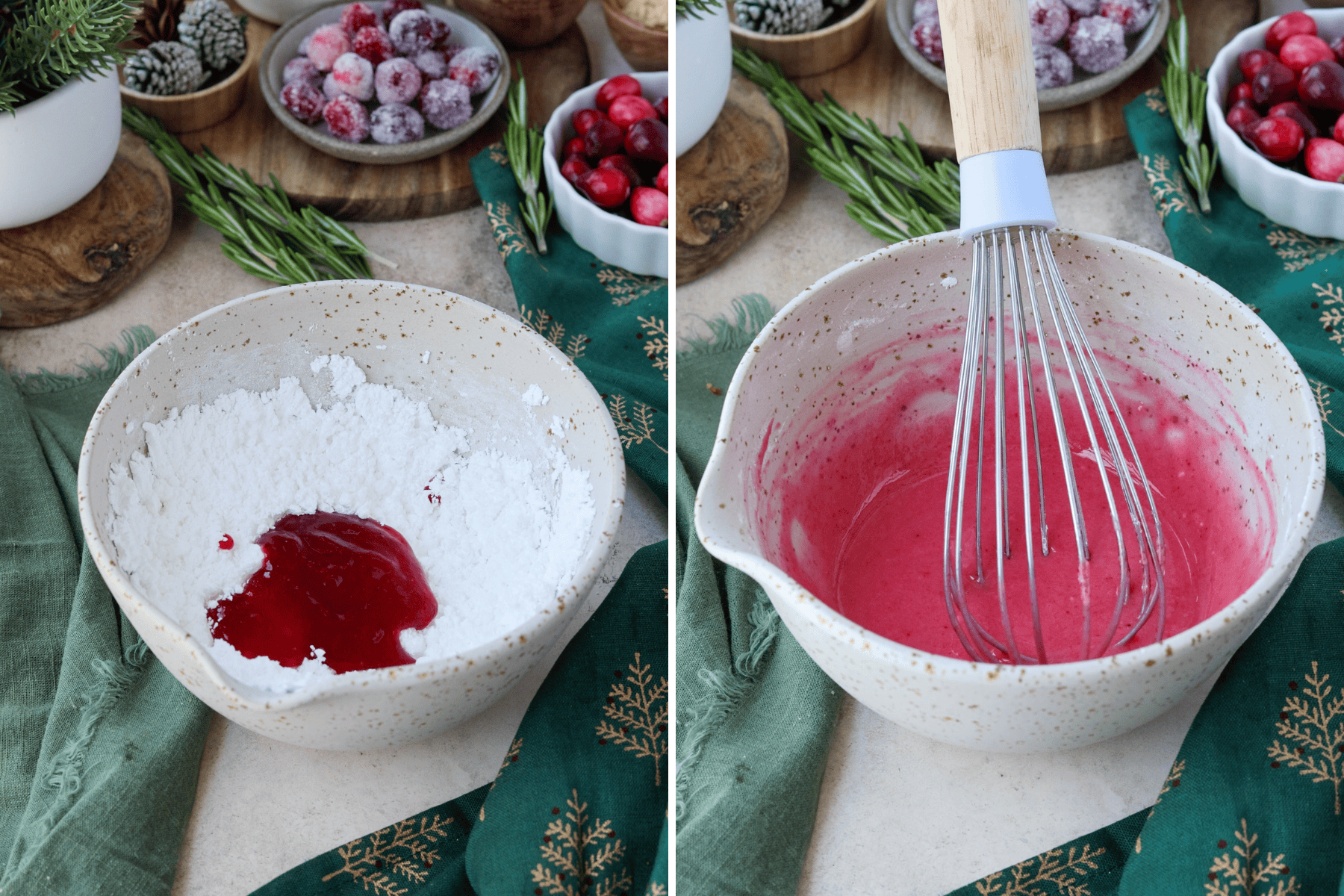 Panel with two images showing the process of making a cranberry glaze for the coffee cake. In the first image, a bowl contains powdered sugar with a dollop of cranberry sauce in the center. In the second image, the mixture is whisked together, creating a smooth, vibrant pink glaze. Fresh cranberries, sugared cranberries, rosemary sprigs, and holiday decor are arranged around the setup, adding a festive touch.
