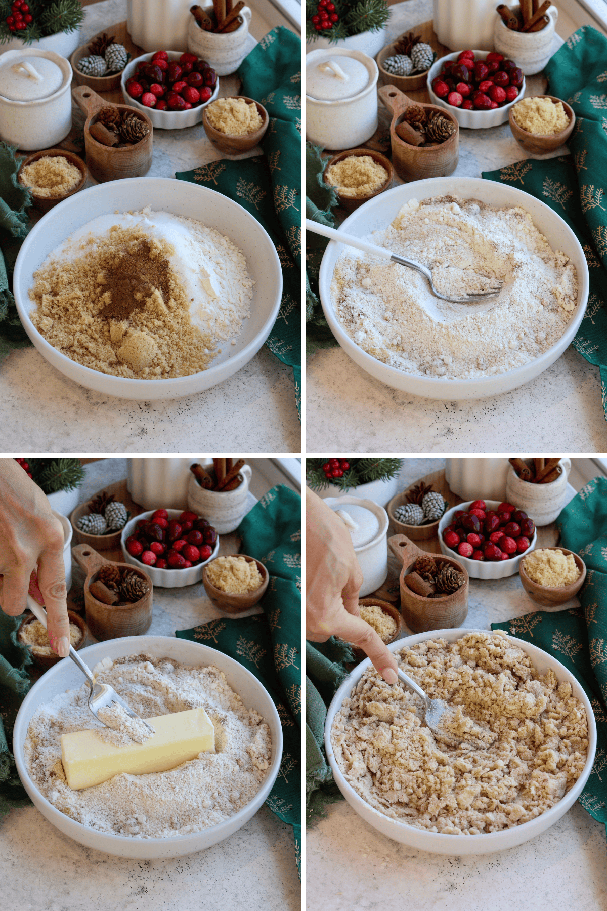 Panel with four images showing the steps to make the streusel crumb topping for cranberry coffee cake. In the first image, dry ingredients like flour, brown sugar, and spices are combined in a bowl. The second image shows the mixture being stirred with a fork. In the third image, a stick of butter is added to the dry ingredients, and a fork is used to cut it into the mixture. The fourth image displays the mixture becoming crumbly as the butter is incorporated, creating a streusel texture. Festive ingredients like cranberries, brown sugar, and holiday decorations are visible in the background.