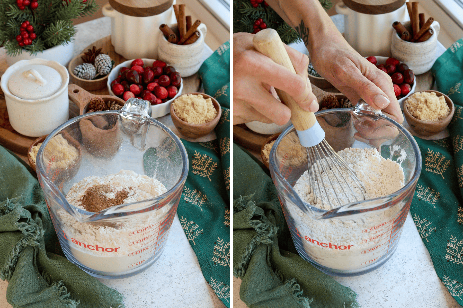 Panel with two images showing the process of mixing flour and dry ingredients for the cranberry coffee cake batter. In the first image, dry ingredients like flour, cinnamon, and sugar are added to a large measuring cup. In the second image, a whisk is used to combine the ingredients thoroughly. Festive elements like cranberries, brown sugar, cinnamon sticks, and holiday decor surround the setup.