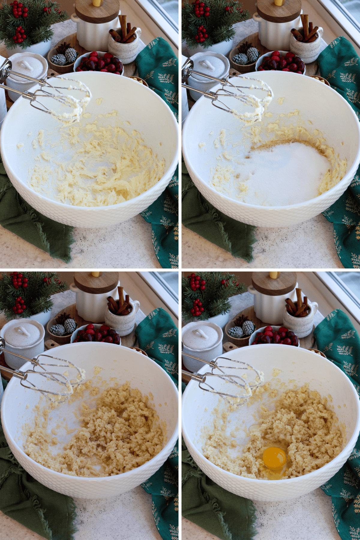 Panel with four images showing the process of creaming butter and sugar for the cranberry coffee cake batter. In the first image, softened butter is beaten in a large white bowl with an electric mixer until smooth. In the second image, sugar is added to the creamed butter. The third image shows the mixture after being beaten, becoming light and fluffy. In the fourth image, an egg is added to the creamed mixture to continue building the cake batter. Holiday ingredients and decor, like cranberries and pine cones, are arranged in the background.