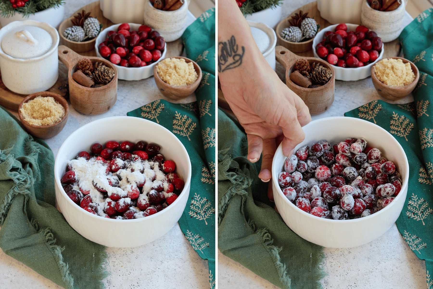 Two images showing fresh cranberries in a white bowl being tossed with flour. In the first image, the cranberries are topped with flour, and in the second image, the cranberries are fully coated. The bowl is set on a light surface with a green napkin and holiday-themed decor, including small bowls of brown sugar and cinnamon sticks in the background.
