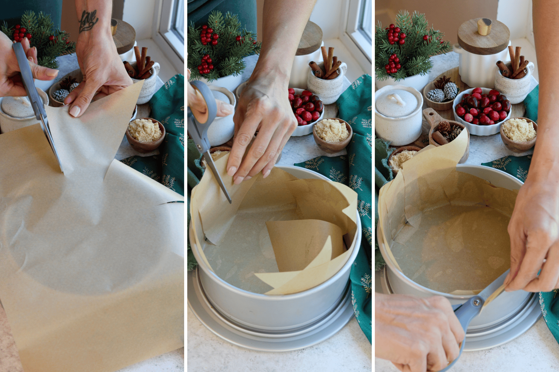 Panel with three images, showing steps to prepare a springform pan for cranberry coffee cake. First image shows hands cutting a piece of parchment paper with scissors. The second image displays the parchment paper being placed and adjusted inside the pan, with seasonal decorations and ingredients like cranberries, brown sugar, and cinnamon in the background. The third image depicts hands trimming the edges of the parchment paper inside the pan to fit smoothly.