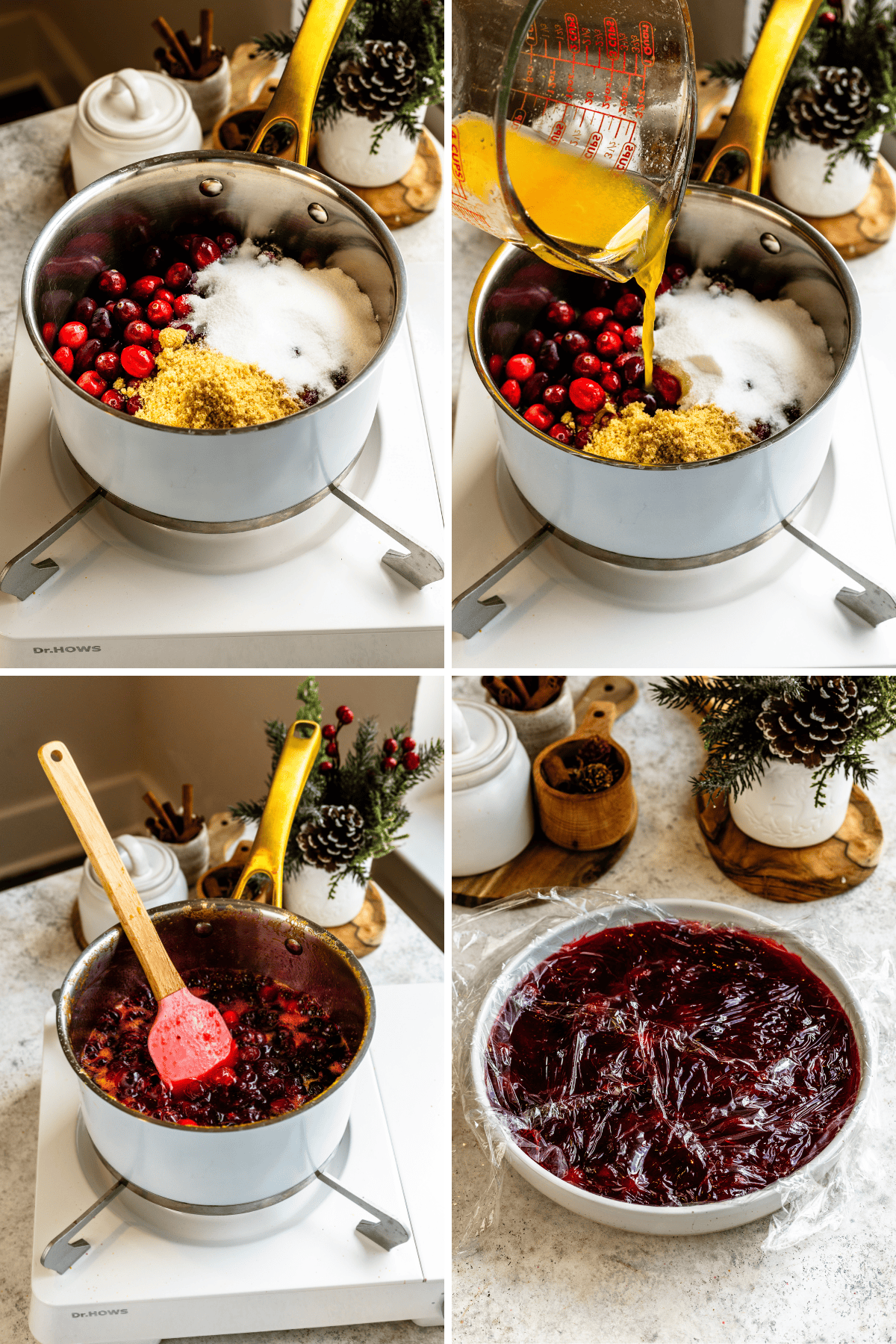 This is a four-panel series demonstrating the steps to make cranberry sauce. In the first image, a pot filled with fresh cranberries, granulated sugar, and brown sugar is shown on a stovetop. The second image shows orange juice being poured into the pot with the cranberries and sugars. In the third image, a red spatula stirs the mixture, which is now bubbling as the ingredients cook down, creating a thick, vibrant sauce. The final image presents the finished cranberry sauce transferred into a bowl, covered with plastic wrap, and left to cool, ready to be served or stored. Holiday decor in the background adds a cozy, seasonal touch.