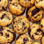 An overhead shot of brown butter cookies with chocolate chunks.