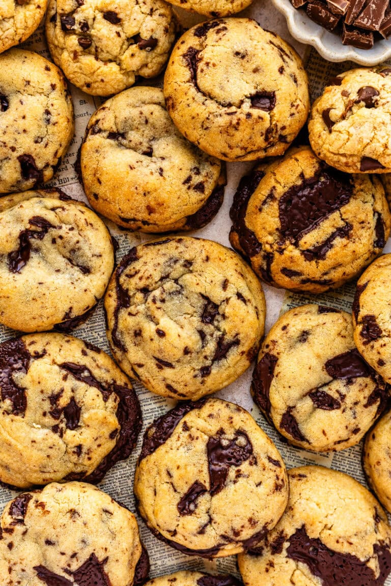 An overhead shot of brown butter cookies with chocolate chunks.