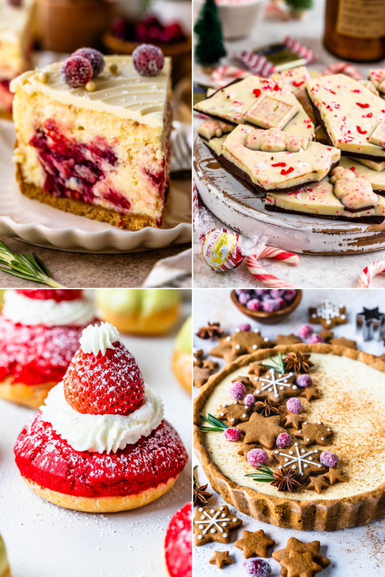 A panel with 4 images showcasing festive desserts: the first image features a creamy cheesecake swirled with vibrant cranberry sauce and topped with sugared cranberries and white chocolate; the second image displays peppermint bark, layered with dark and white chocolate, sprinkled with crushed candy canes, and festive molds; the third image highlights Santa hat cream puffs with a bright red craquelin topping, whipped cream, and a strawberry dusted with powdered sugar; the fourth image presents a spiced custard tart decorated with gingerbread cookies, sugared cranberries, rosemary sprigs, and festive star-shaped embellishments.