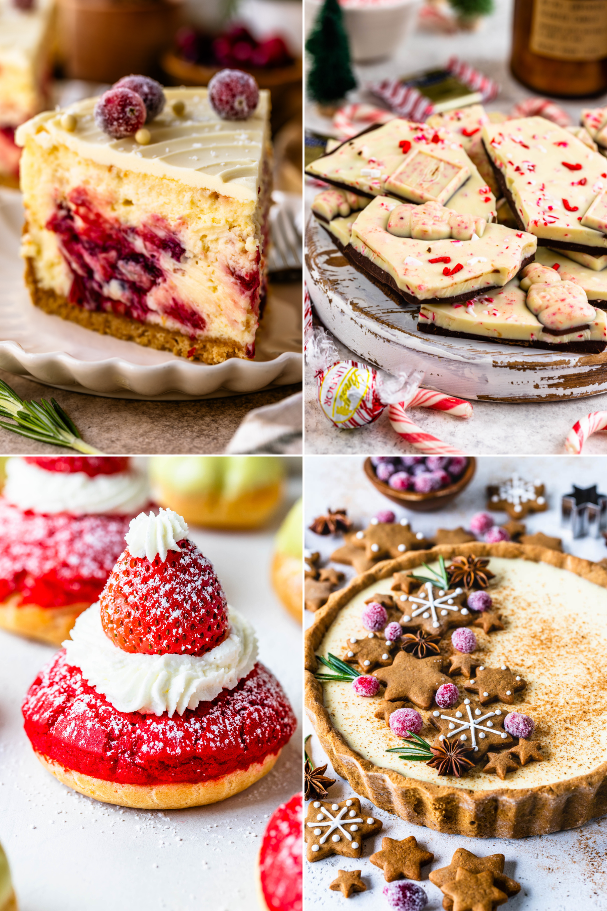 A panel with 4 images showcasing festive desserts: the first image features a creamy cheesecake swirled with vibrant cranberry sauce and topped with sugared cranberries and white chocolate; the second image displays peppermint bark, layered with dark and white chocolate, sprinkled with crushed candy canes, and festive molds; the third image highlights Santa hat cream puffs with a bright red craquelin topping, whipped cream, and a strawberry dusted with powdered sugar; the fourth image presents a spiced custard tart decorated with gingerbread cookies, sugared cranberries, rosemary sprigs, and festive star-shaped embellishments.