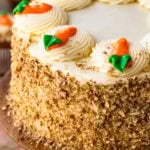 A close up of a whole carrot cake displayed on a wooden cake stand, frosted with cream cheese frosting and decorated with piped swirls topped with frosting carrots. The sides of the cake are coated with chopped nuts, and a single carrot-topped cupcake is visible at the base, with a blurred background featuring jars and décor.
