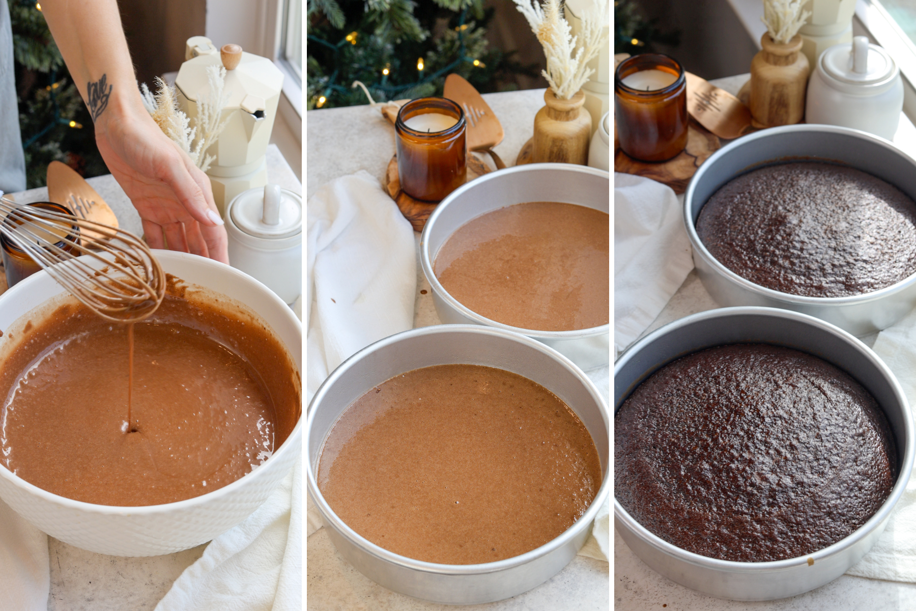 A panel of three images: the first image shows a bowl of chocolate cake batter being whisked until smooth, the second image shows two round pans filled with the batter ready to bake, and the third image shows the baked chocolate cake layers cooling in their pans.