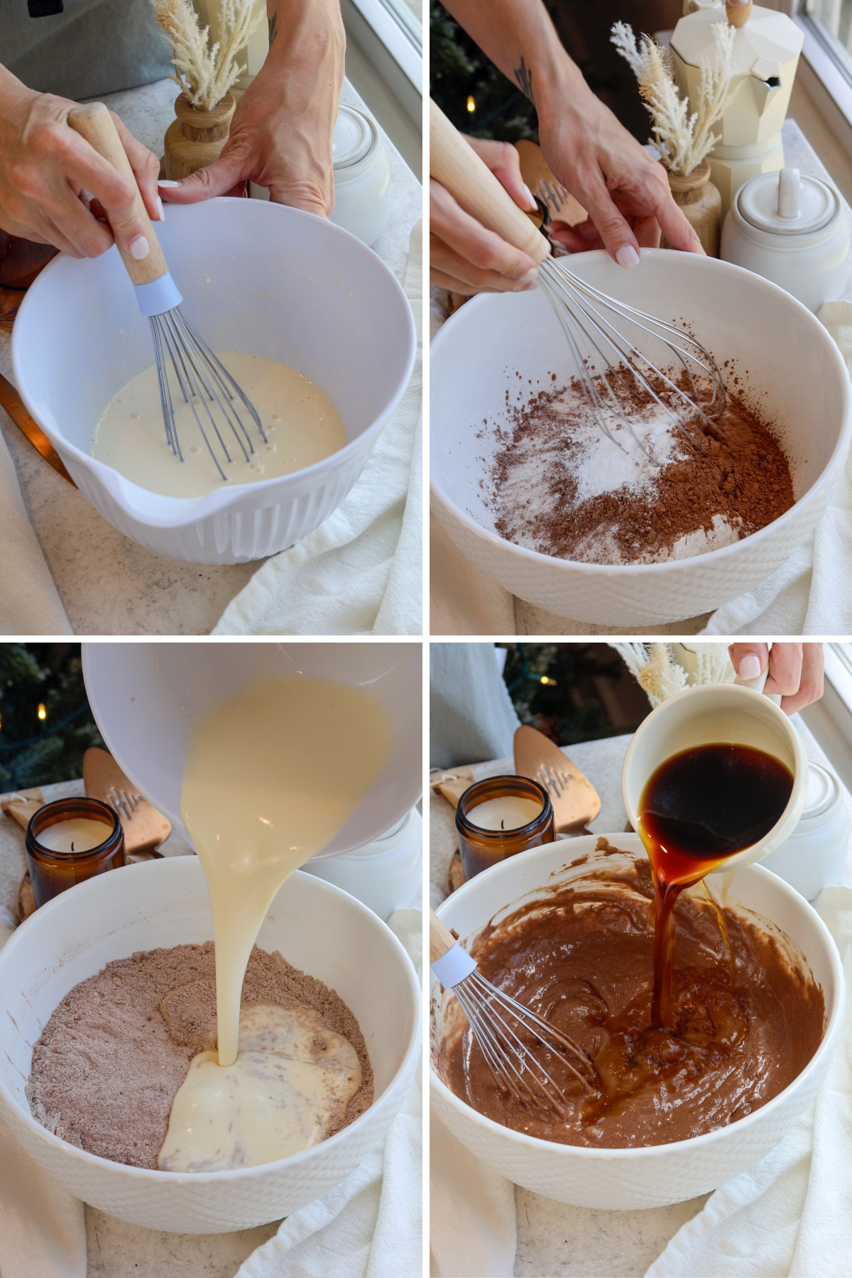 A panel of four images: the first image shows wet ingredients being whisked together in a mixing bowl, the second image shows dry ingredients being sifted and whisked in a separate bowl, the third image shows the wet mixture being poured into the dry ingredients, and the fourth image shows coffee being added to the batter for a rich, smooth consistency.