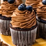 A chocolate cupcake topped with swirls of chocolate whipped cream frosting and fresh blueberries. Other frosted cupcakes with blueberries are visible in the background.