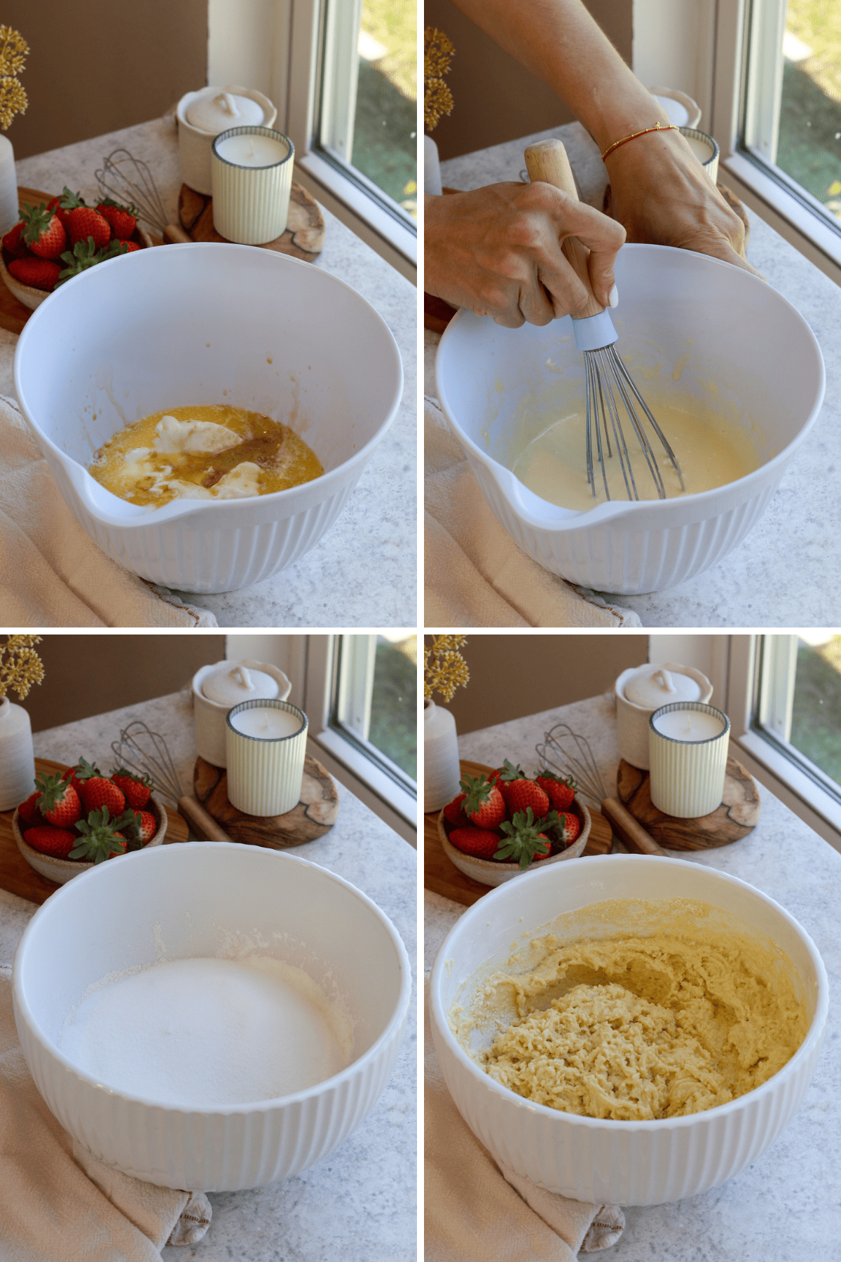 A panel of four images: The first image shows a white bowl with wet ingredients, including melted butter and yogurt. The second image captures a hand whisking the mixture until smooth. The third image shows sugar added to the bowl, and the fourth image reveals a thick muffin batter coming together.