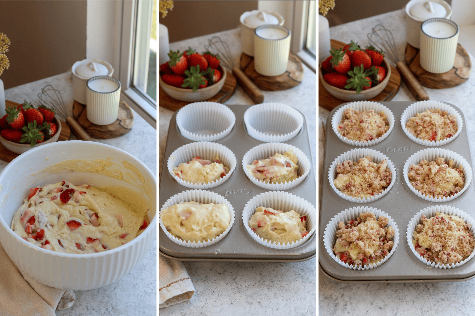 A panel of three images: The first image shows a bowl of muffin batter mixed with fresh strawberry pieces. The second image features a muffin tin lined with paper cups, partially filled with batter. The third image shows the muffin tin with a crumbly streusel topping sprinkled over the batter, ready for baking.